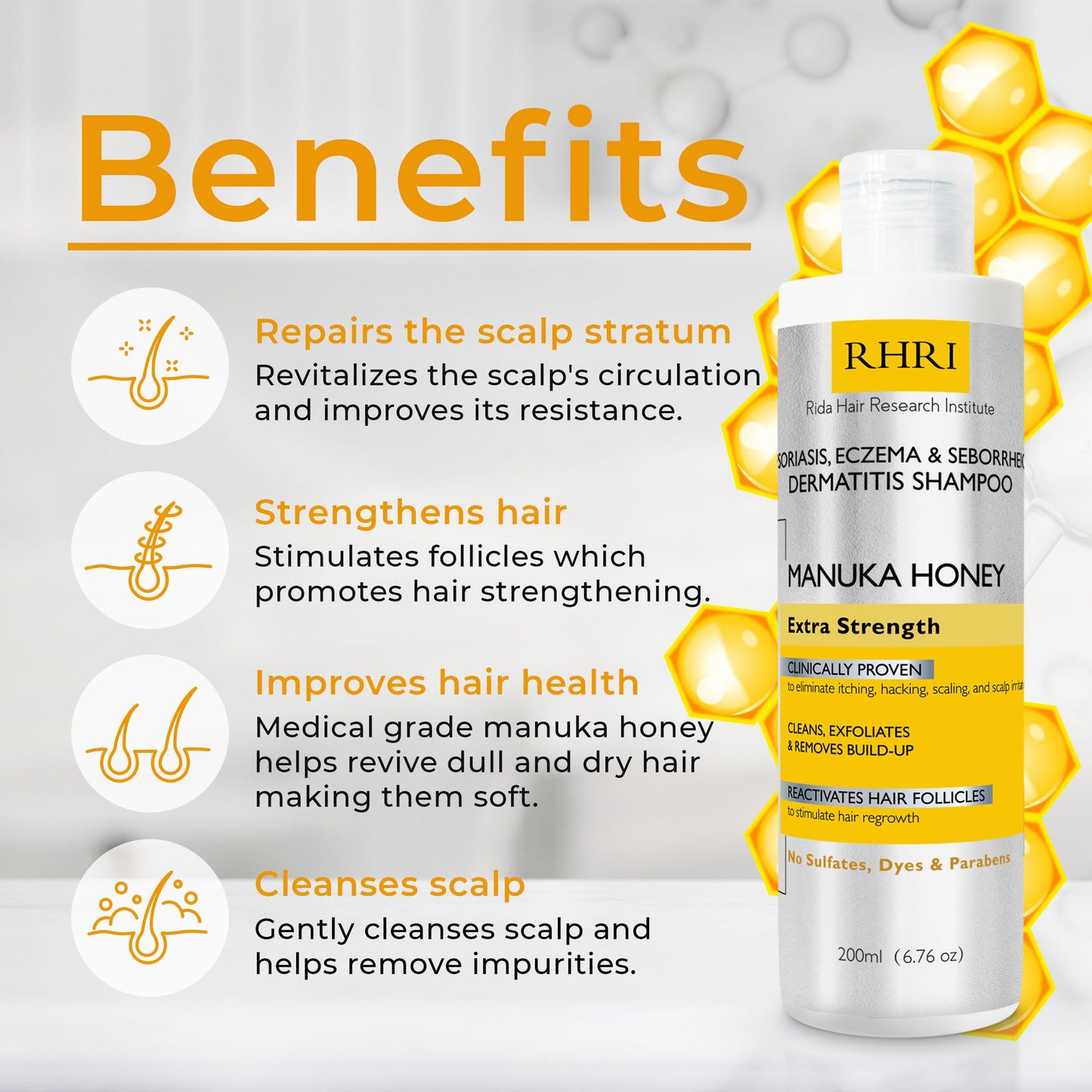 RHRI Psoriasis Shampoo for Men & Women | Itchy Scalp Treatment with Manuka Honey | Best for Eczema, Seborrheic Dermatitis, Ringworm & Folliculitis Beauty and Personal Care Rida Hair Research Institute