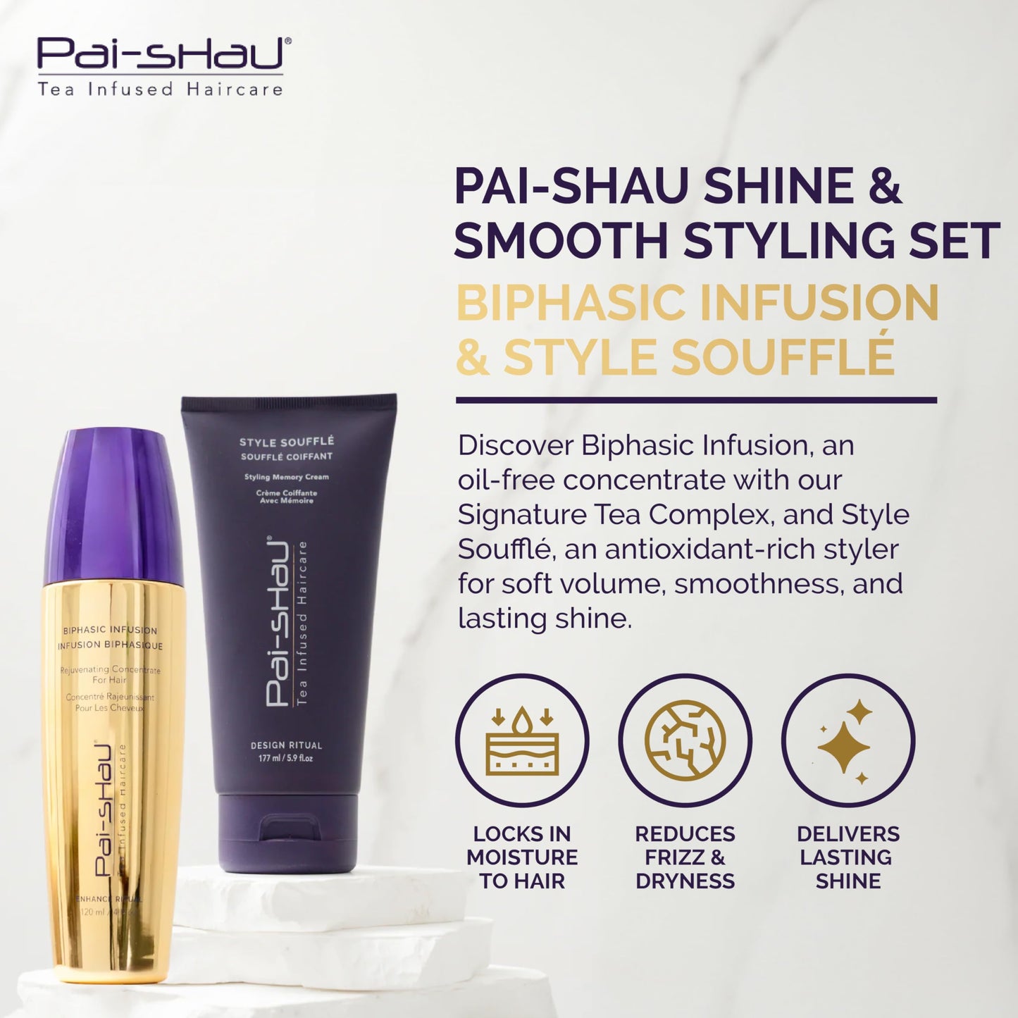 Pai-Shau - Biphasic Infusion & Style Soufflé Set, Oil-Free Hair Serum and Medium Hold Styling Cream, Shine, Heat Protection & Frizz Control for All
