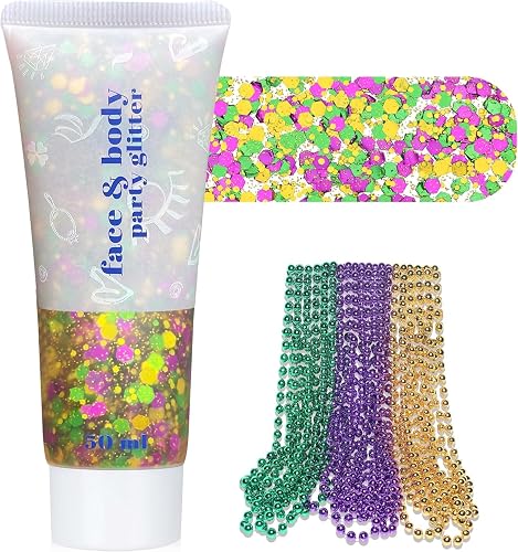 Purple Green Gold Mardigras Face Hair Glitter Makeup Set, for Parade Mask Parties Carnivals, with 10 PCS 7mm Beads Necklaces