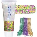 Purple Green Gold Mardigras Face Hair Glitter Makeup Set, for Parade Mask Parties Carnivals, with 10 PCS 7mm Beads Necklaces