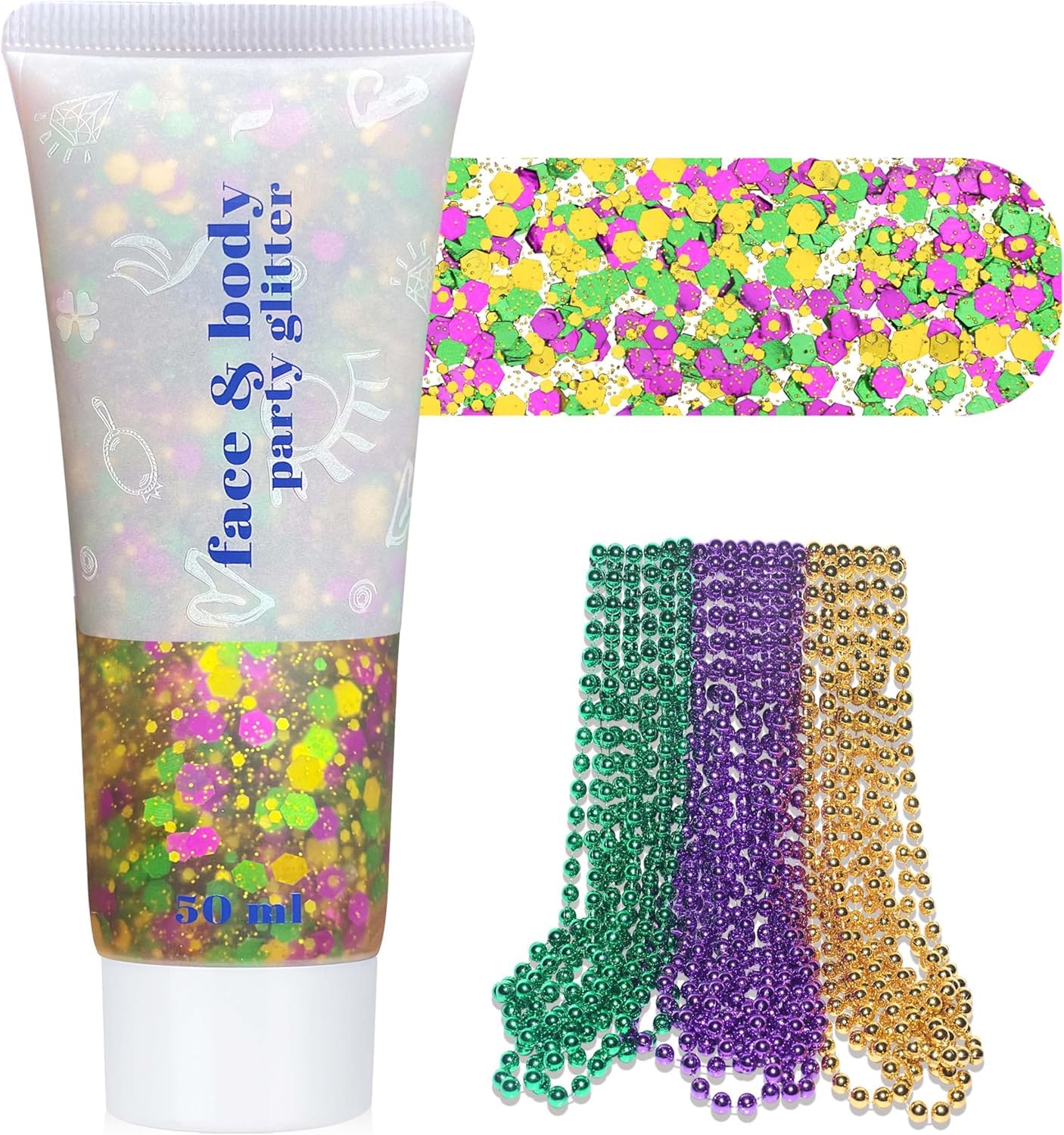 Purple Green Gold Mardigras Face Hair Glitter Makeup Set, for Parade Mask Parties Carnivals, with 10 PCS 7mm Beads Necklaces