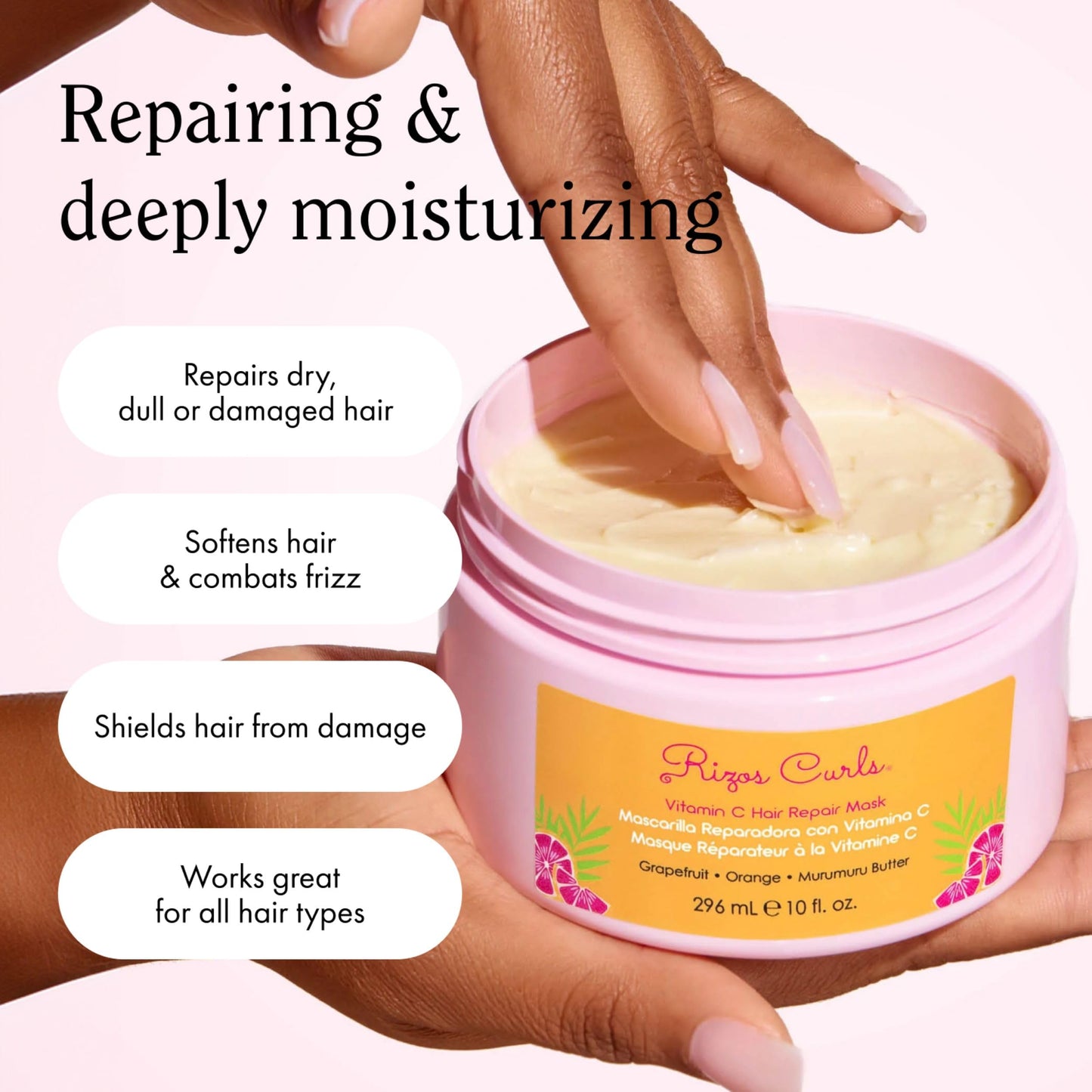 Rizos Curls Vitamin C Hair Repair Mask, Deeply Moisturizes & Hydrates, Softens & Minimize Frizz while Adding Shine, For Dry Damaged Hair, Infused