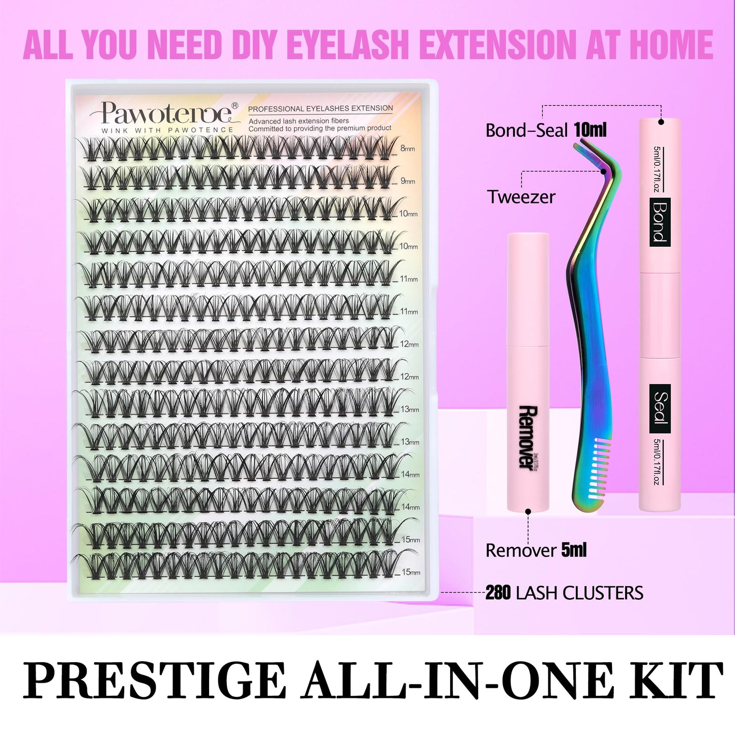 Pawotence Lash Extension Kit DIY 280pcs Individual Lash Clusters Kit 30D Cluster Eyelash Extensions Kit with Lash Bond and Seal, Lash Remover, Lash Beauty and Personal Care Pawotence