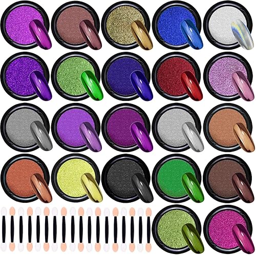 Duufin 22 Colors Chrome Nail Powders Metallic Nail Powder Mirror Effect Nail Art Chrome Powder with 22 Pcs Eyeshadow Sticks, 1g/Jar