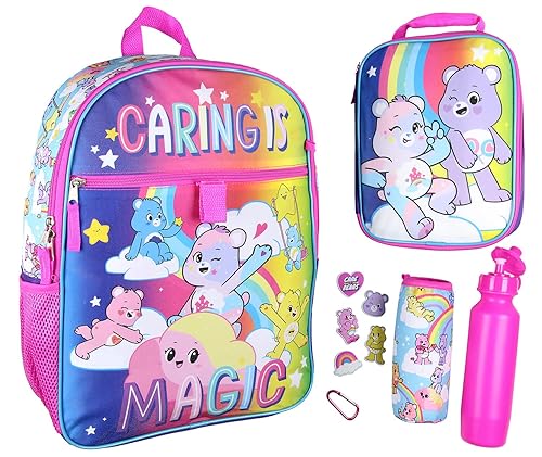 Bioworld Carebears Caring Is Magic 16" Backpack Lunch Tote Water Bottle Sticker Set 5 Pc Mega Set
