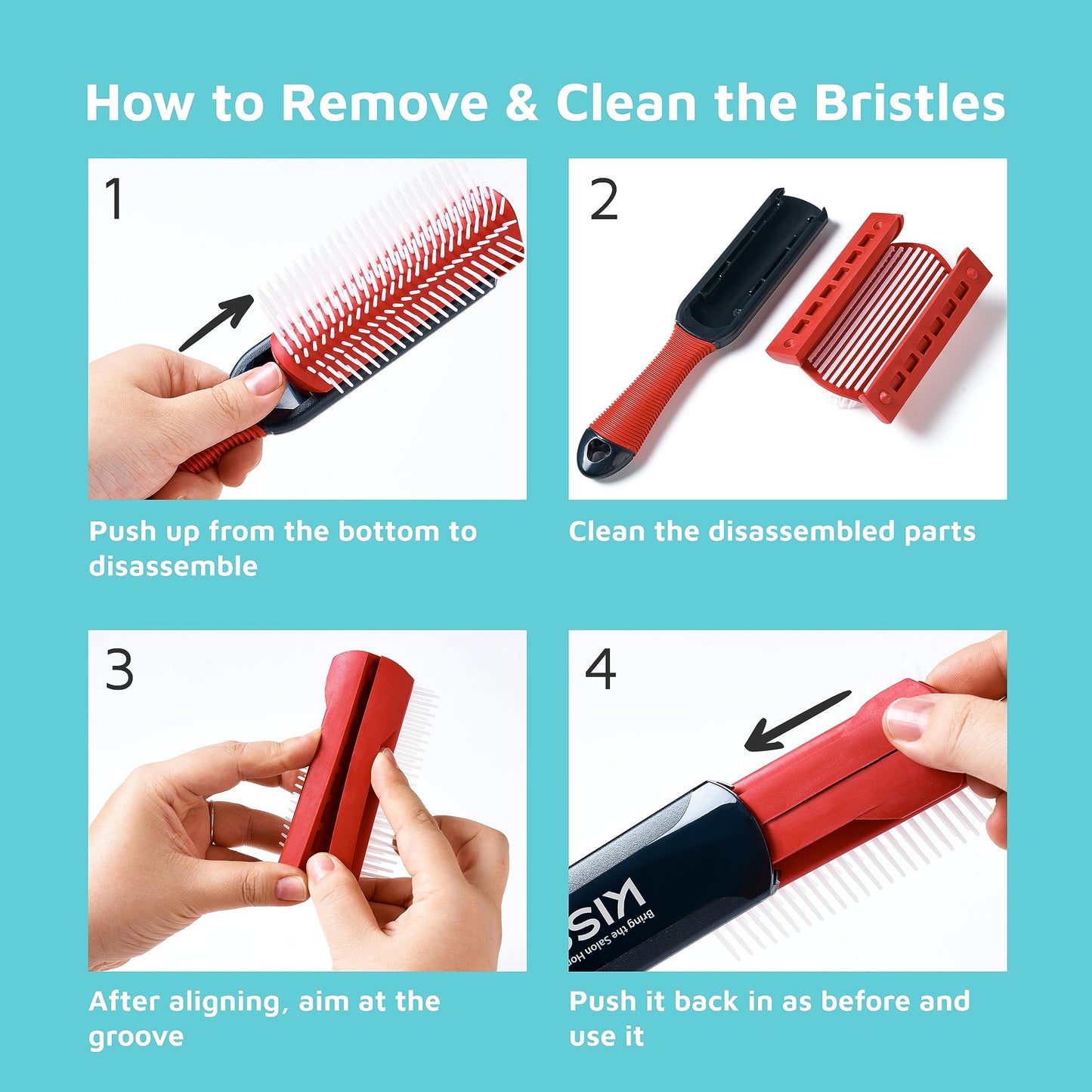 KISS Colors&Care 7 Row Non-Slip Detangling Hair Brush,Removable Cushion For Cleaning,Slip-Proof Handle For Sturdy Grip ,Detangles Without Pulling or