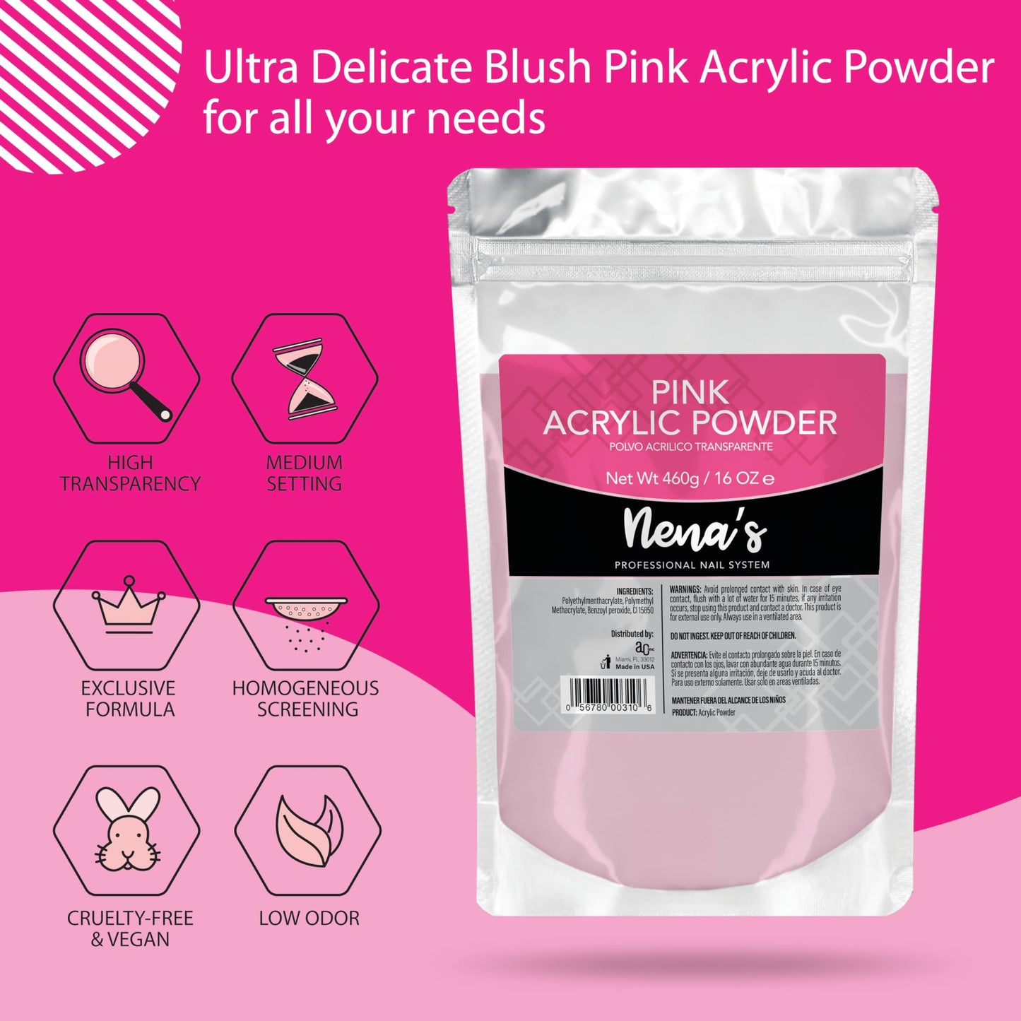 Nena's 16oz Acrylic Liquid monomer + 16oz Clear Acrylic Powder Made in USA Clear Pink (Pink) Beauty & Personal Care Nena's