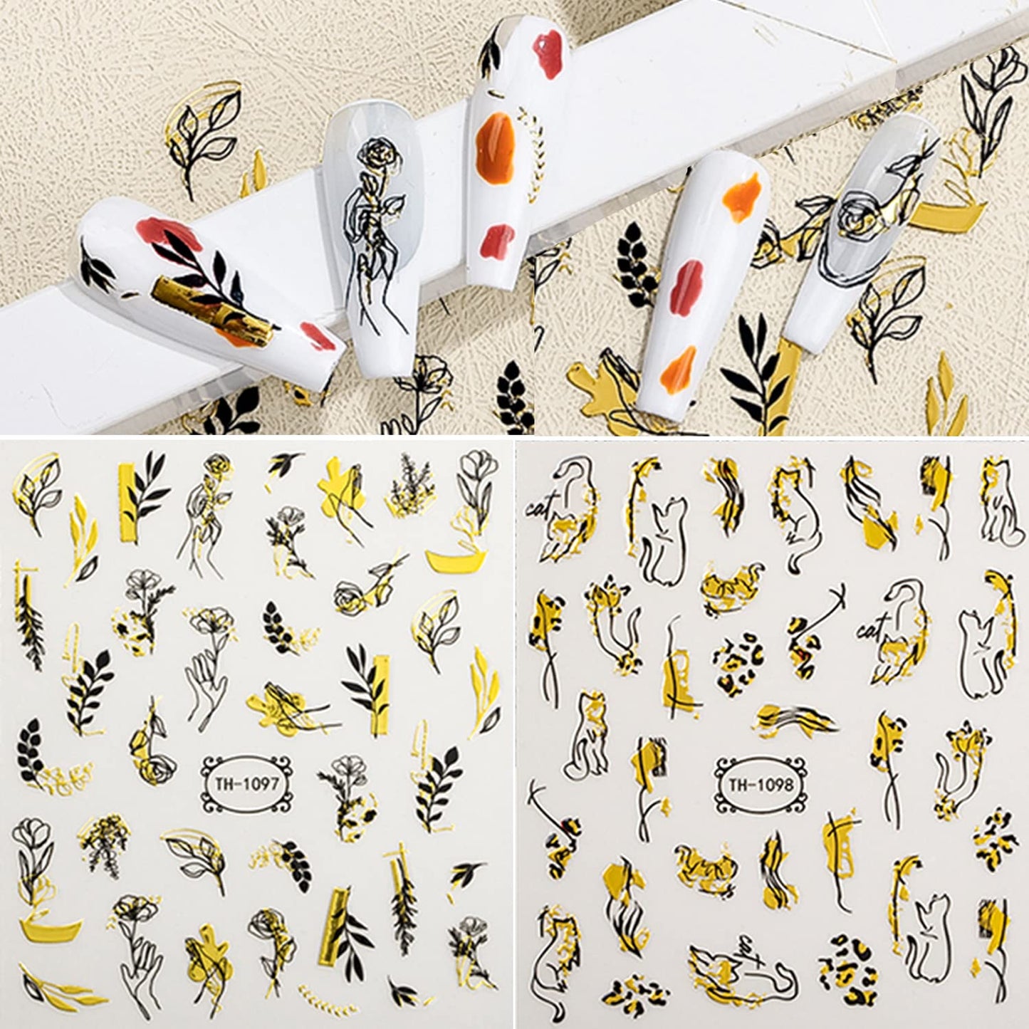 12 Sheets Graffiti Nail Art Stickers 3D White Black Gold Stripe Line Nail Decals Self-Adhesive Abstract Marble Wave Flower Leaf Stickers for Nail DIY