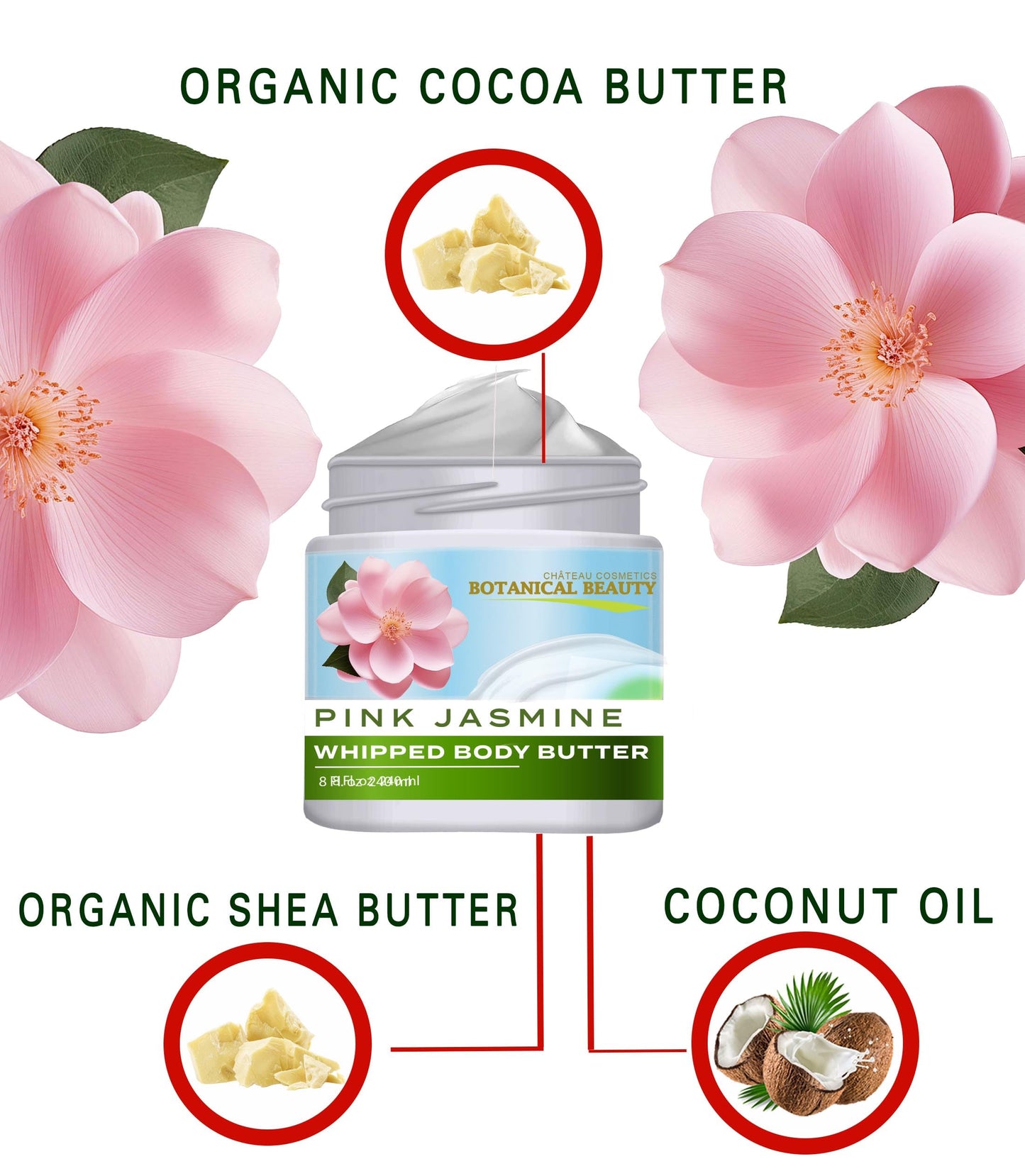 Botanical Beauty PINK JASMINE WHIPPED BODY BUTTER with Shea Butter, Cocoa Butter, Coconut Oil for All Skin Types, for Dry, Sensitive Skin
