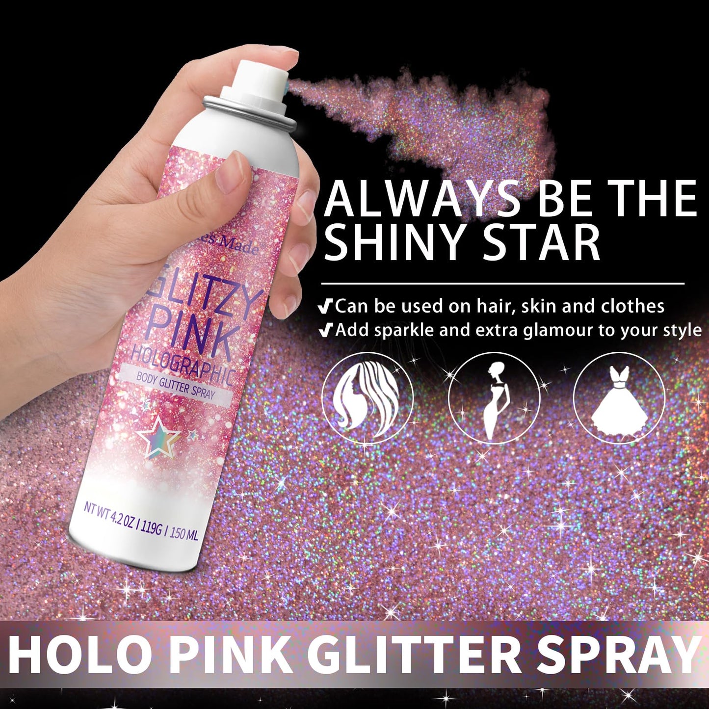 Elitles Made Hair Glitter Body Glitter Spray, 150ML Glitter Hairspray Holographic Pink Glitter Spray for Hair and Body, Hair Glitter for Kids Women