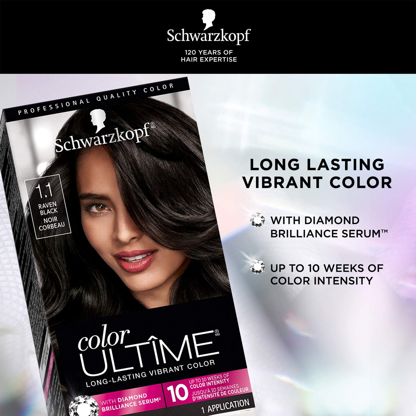 Schwarzkopf Color Ultime 1.1 Raven Black Hair Dye, Permanent Intense Black with Diamond Brilliance, Fade-Resistant, Covers Grays, All Hair Textures
