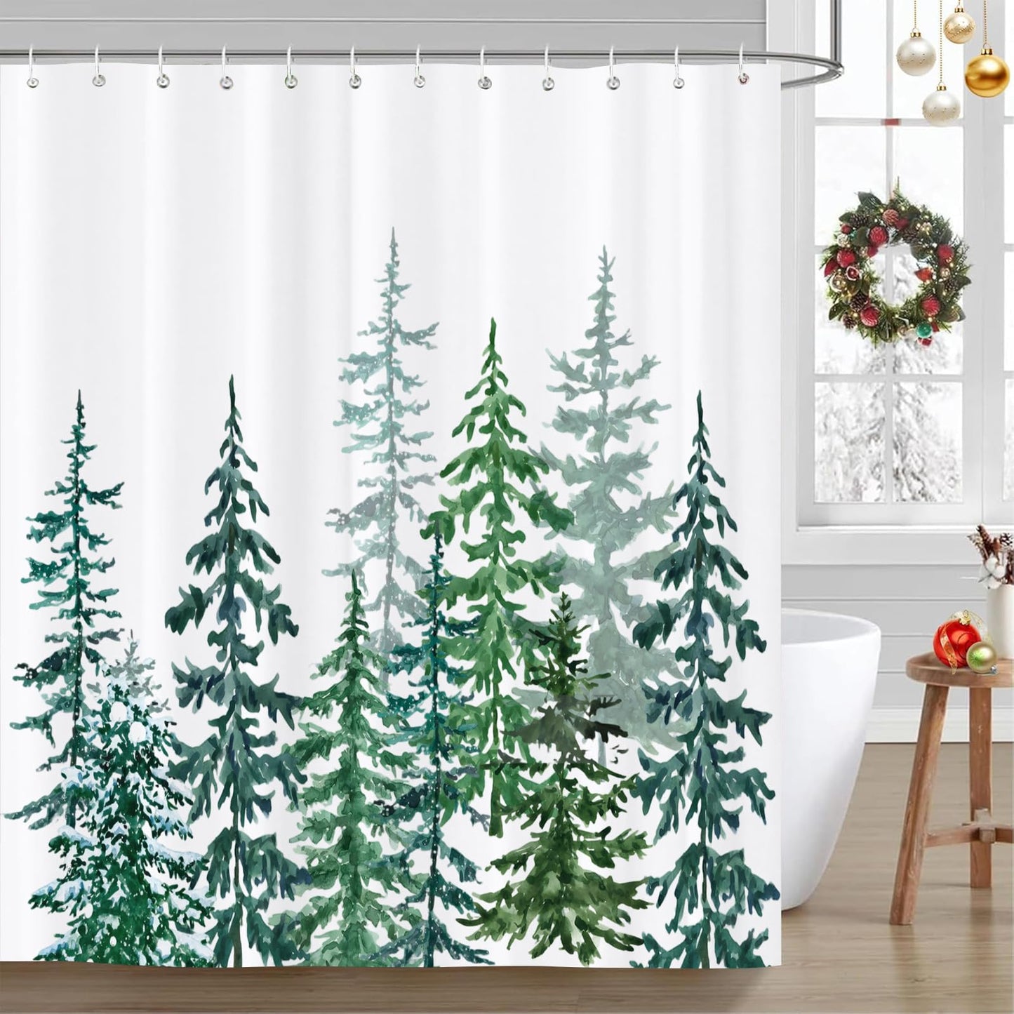 JOOCAR Christmas Shower Curtain Green Tree White Snow Landscape Waterproof Fabric Shower Curtains for Bathroom Farmhouse Rustic Modern Bath Curtain…