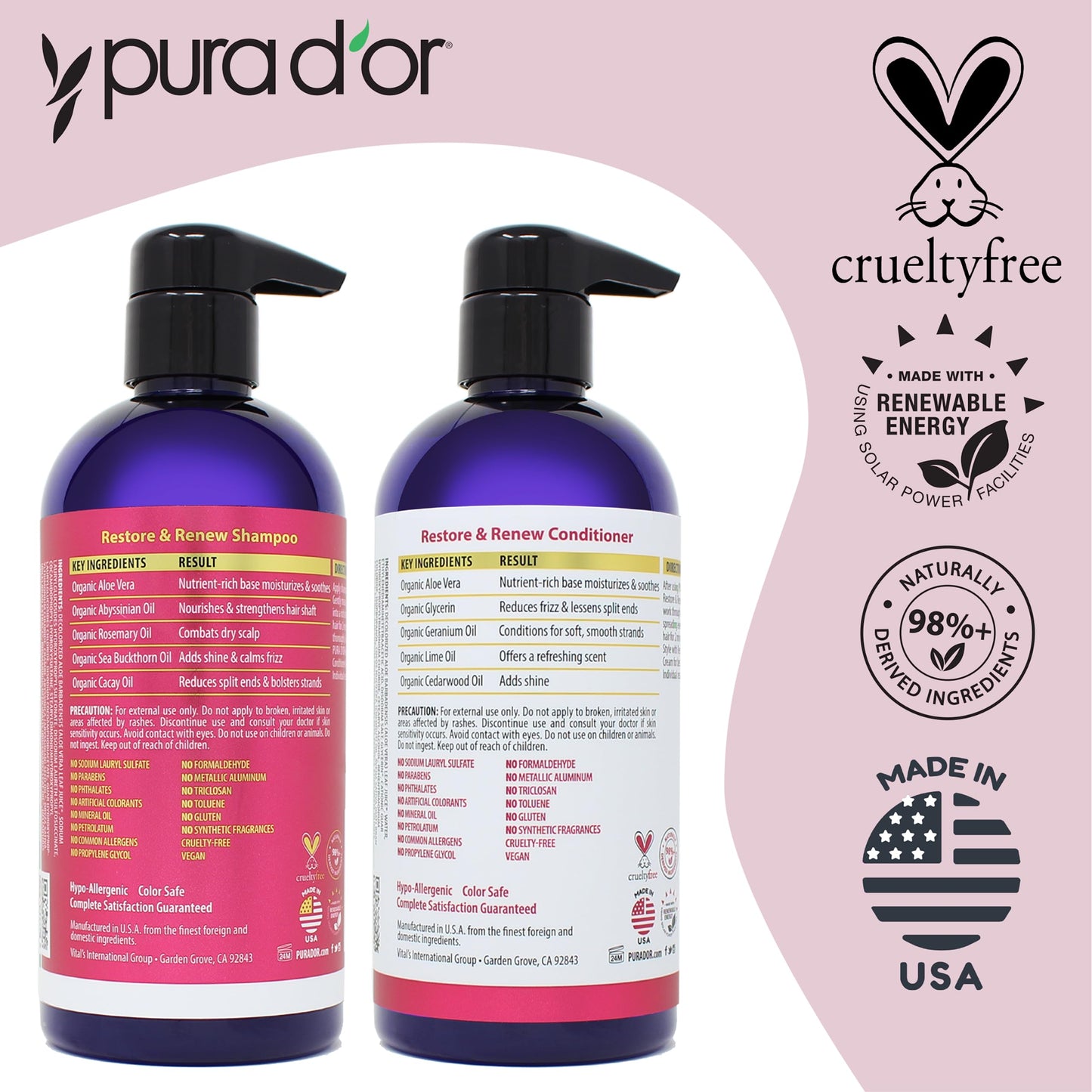 PURA D'OR Restore & Renew Shampoo and Conditioner Set for Strong, Healthy, and Nourished Hair with Organic Aloe Vera, Rosemary, Sea Buckthorn, Cacay