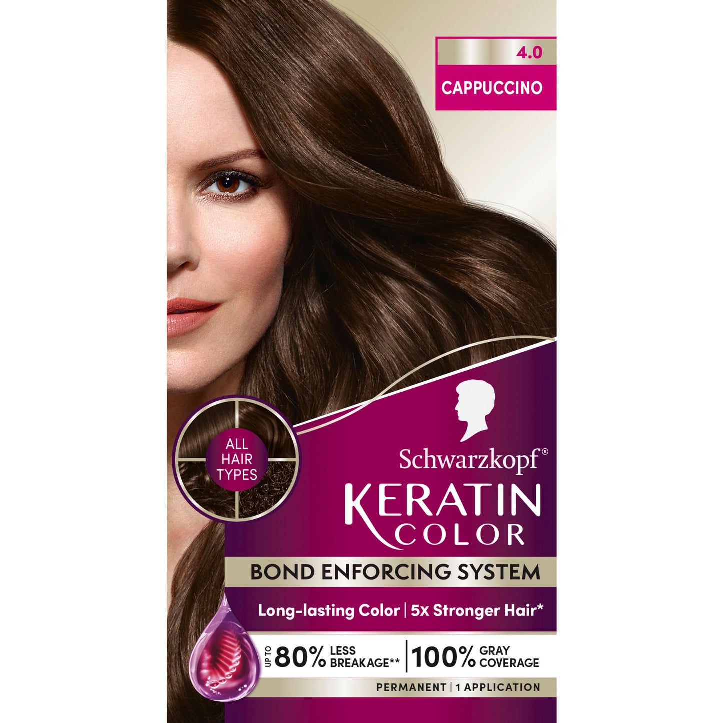 Schwarzkopf Keratin Permanent Hair Dye Cream, 4.0 Cappuccino, Professional Quality Color for Up to 100% Gray Coverage, Bond Enforcing System