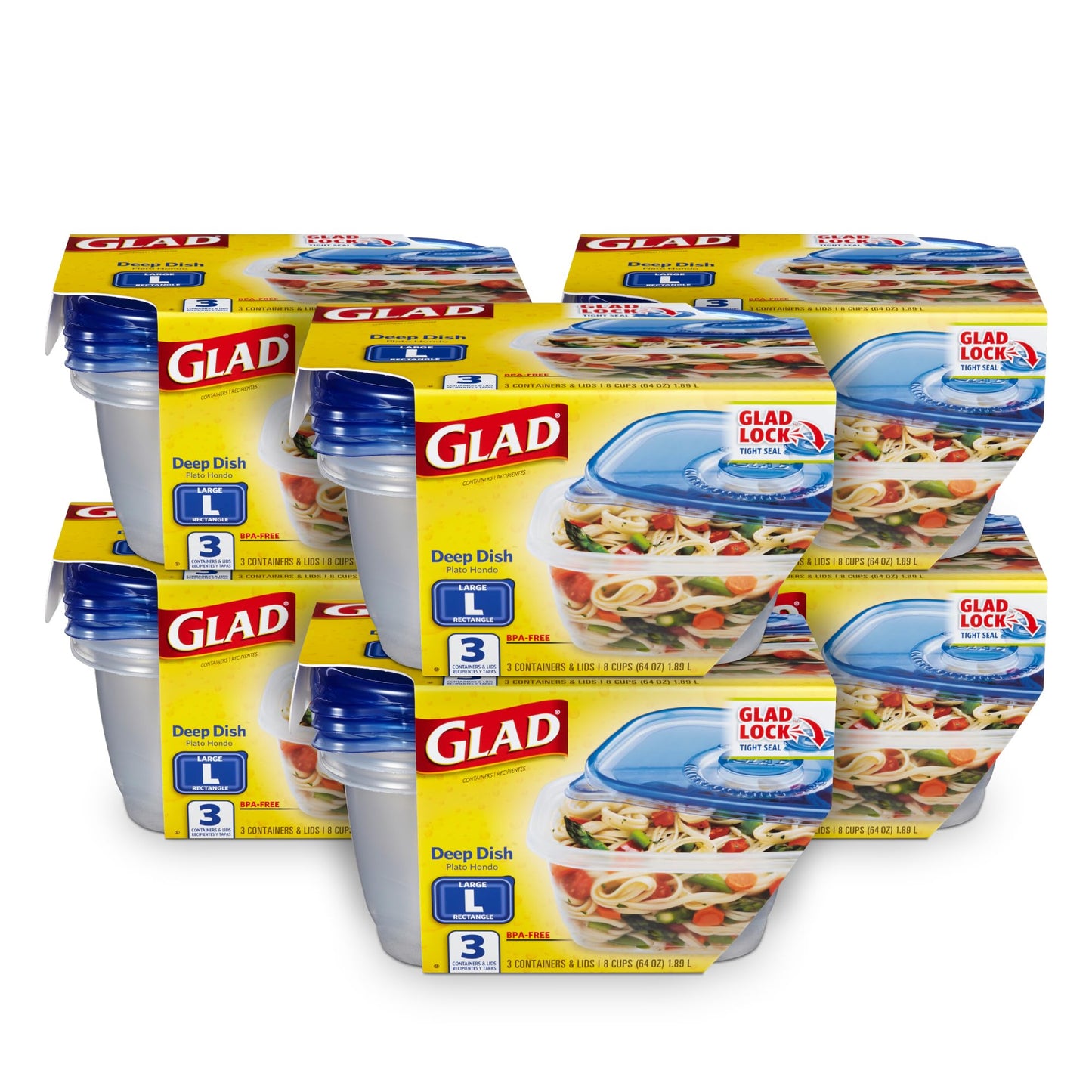 Glad GladWare Deep Dish Food Storage Containers, Large Rectangle - Meal Container Holds up to 64 Ounces of Food - Lock Tight Seal, 3 Count - 6 Pack