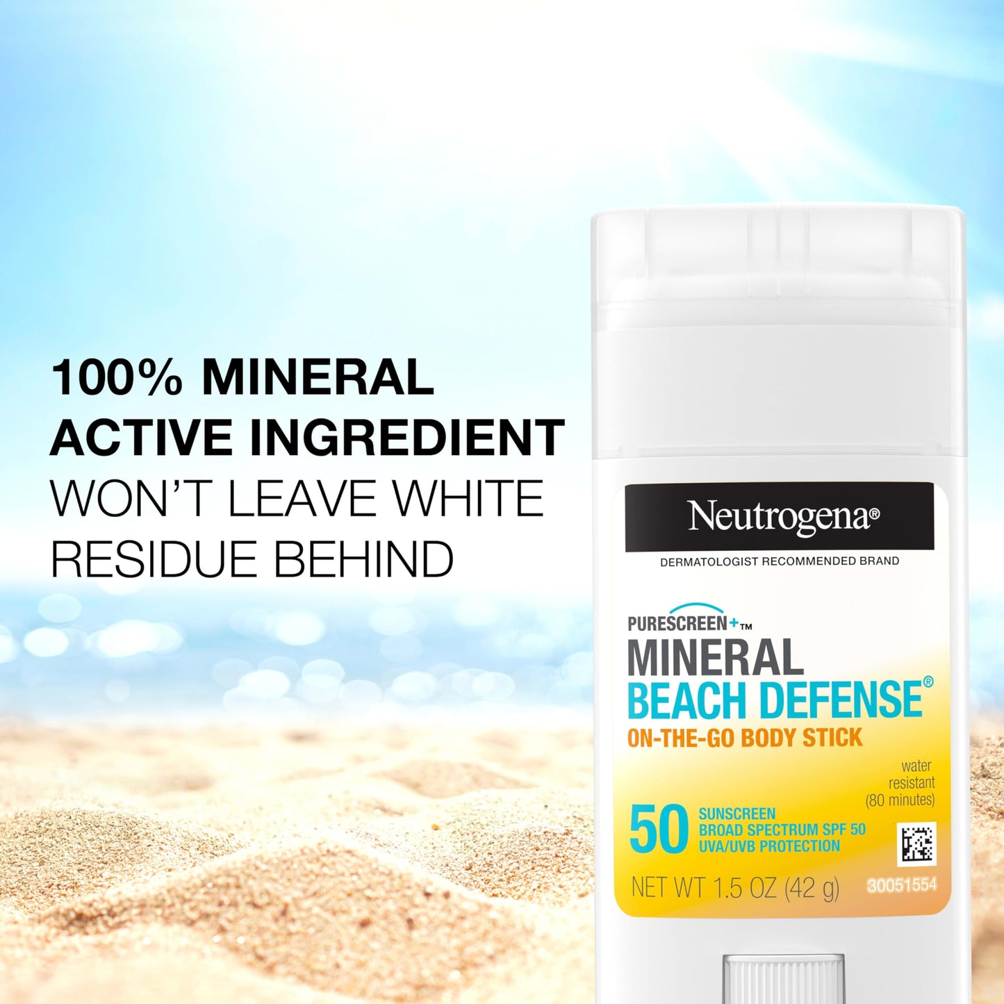 Neutrogena Purescreen+ Mineral Beach Defense On-The-Go Body Sunscreen Stick with Broad Spectrum SPF 50, Water Resistant UVA/UVB Protection, Absorbs