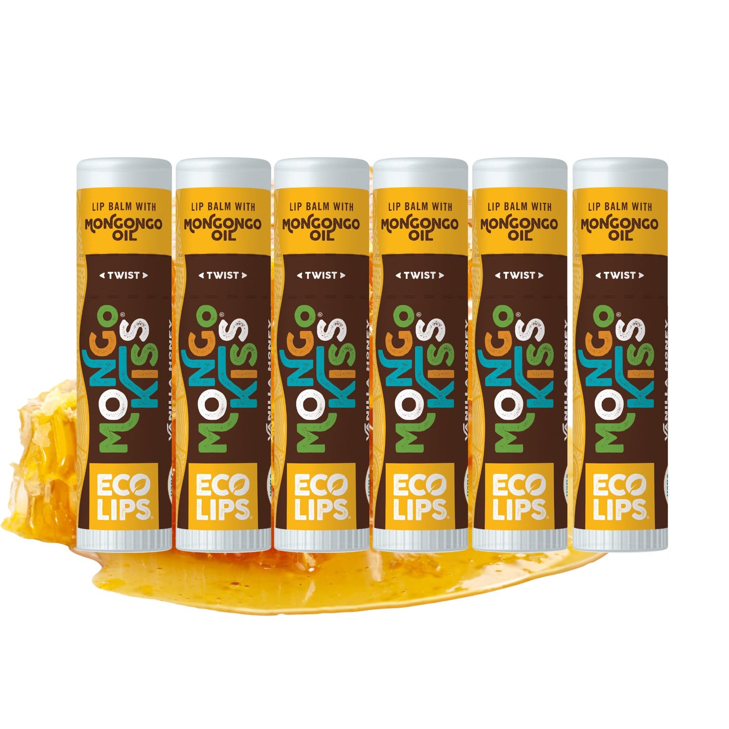 LIP BALM Mongo Kiss 6-Pack (6 tubes) Vanilla Honey by Eco Lips 100% Organic Beeswax & Cocoa Butter Lip Care with Organic Mongongo Oil - Soothe