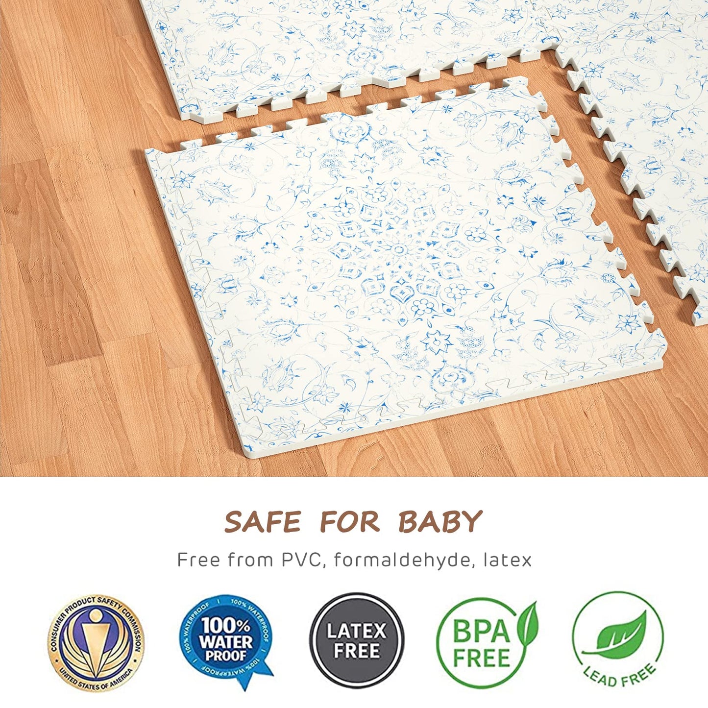 Extra Large Baby Play Mat - 4FT x 6FT Non-Toxic Foam Puzzle Floor Mat for Kids & Toddlers (Persia Handmade Pattern, Blue and White)