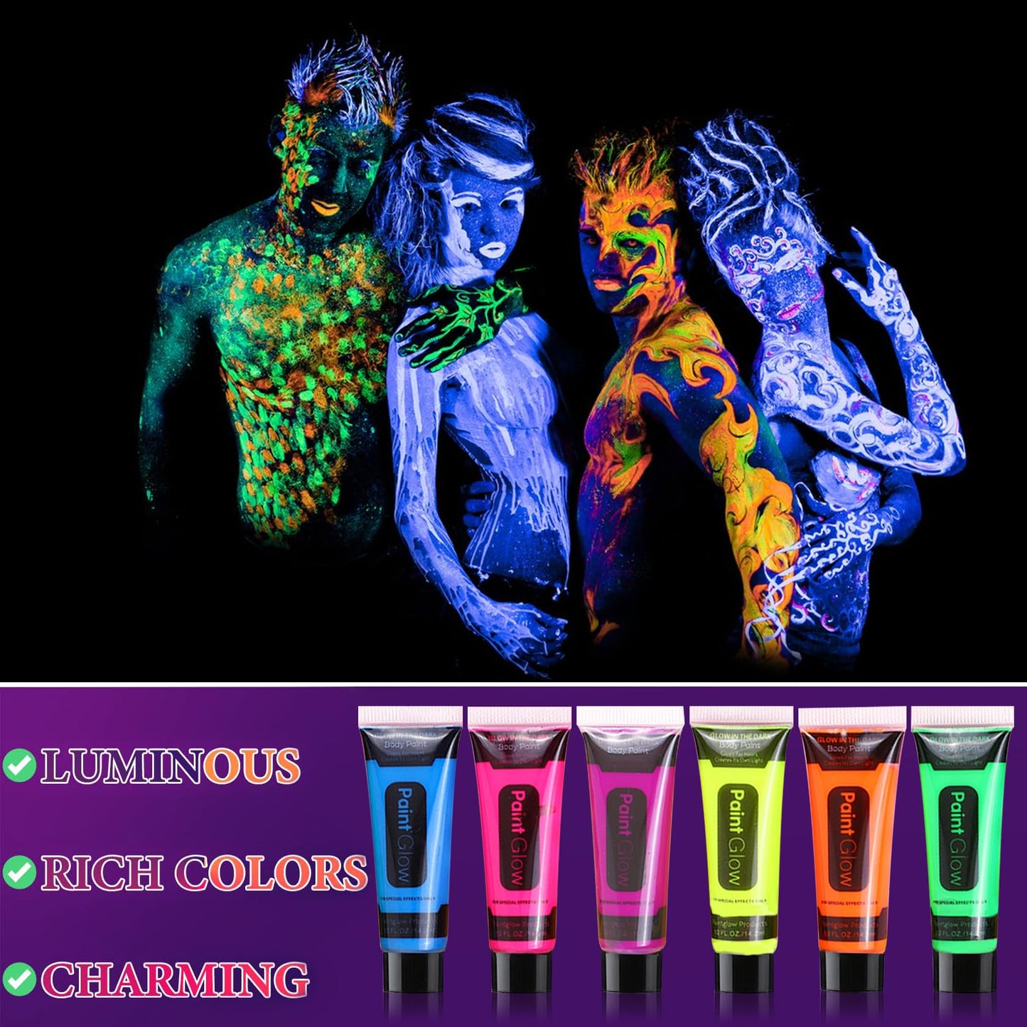 WYBLZPXZ 12 Pcs Glow in Dark Face Body Paint,Black Light Glow Makeup Set Neon Fluorescent,Glow Blacklight Body Face Paint Set Face Painting for Music