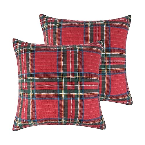 Levtex Home - Spencer Plaid Quilted Euro Sham (26x26in.) - Christmas Tartan Plaid - Red, Green, Black - No Insert - Set of 2