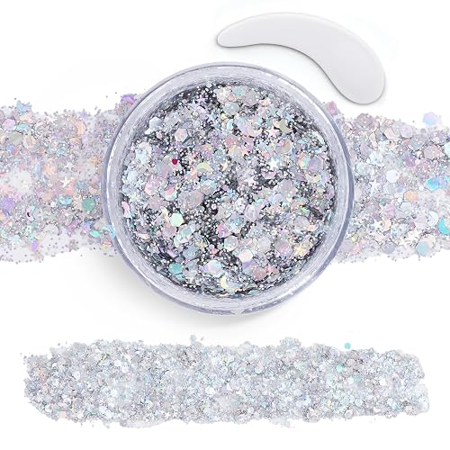 Silver Face Body Glitter Gel,Chunky Hair Glitter for Singer Concerts Silver Face Paint, Makeup Festival Rave Accessories for Women Face Body DIY