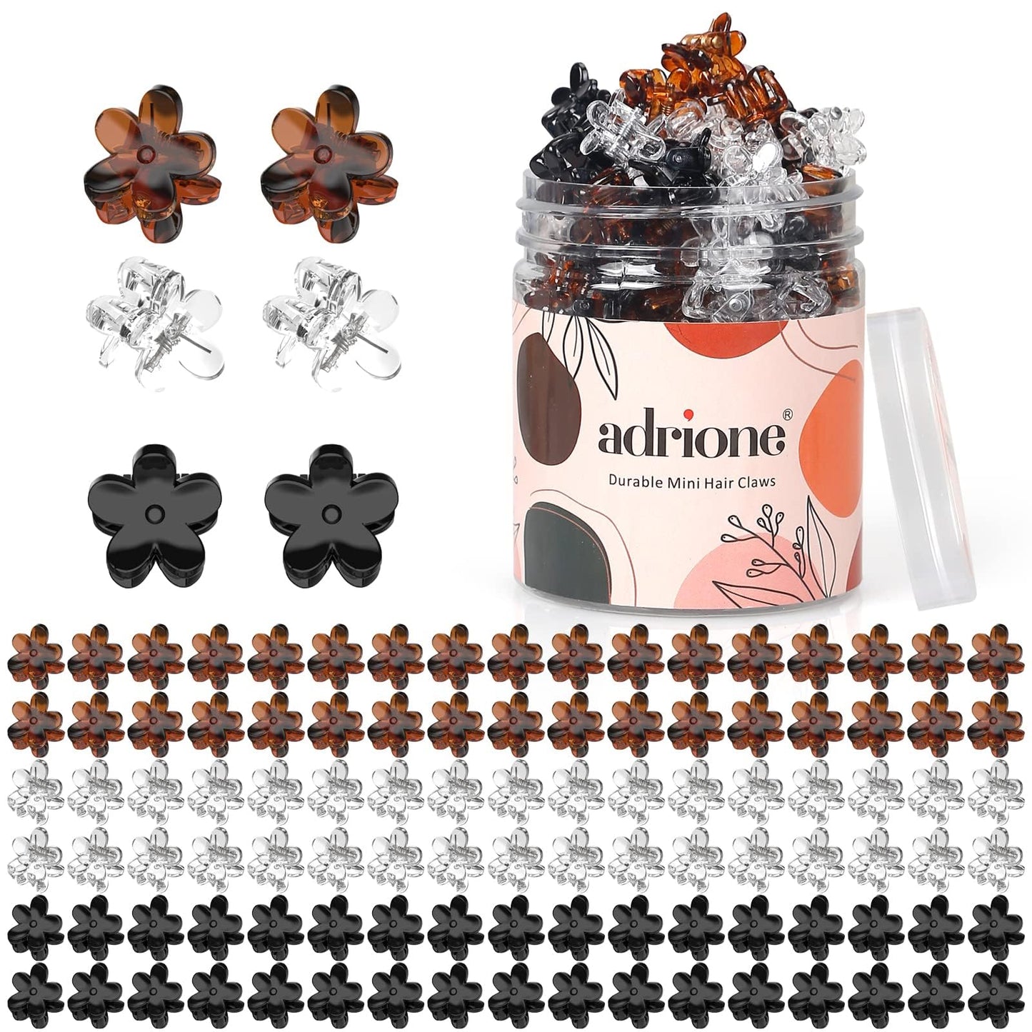 ADRIONE Mini Flower Hair Clips Pack for Women - 100 Creaseless Styling Claw Clips for Bangs and Tiny Hair Styling