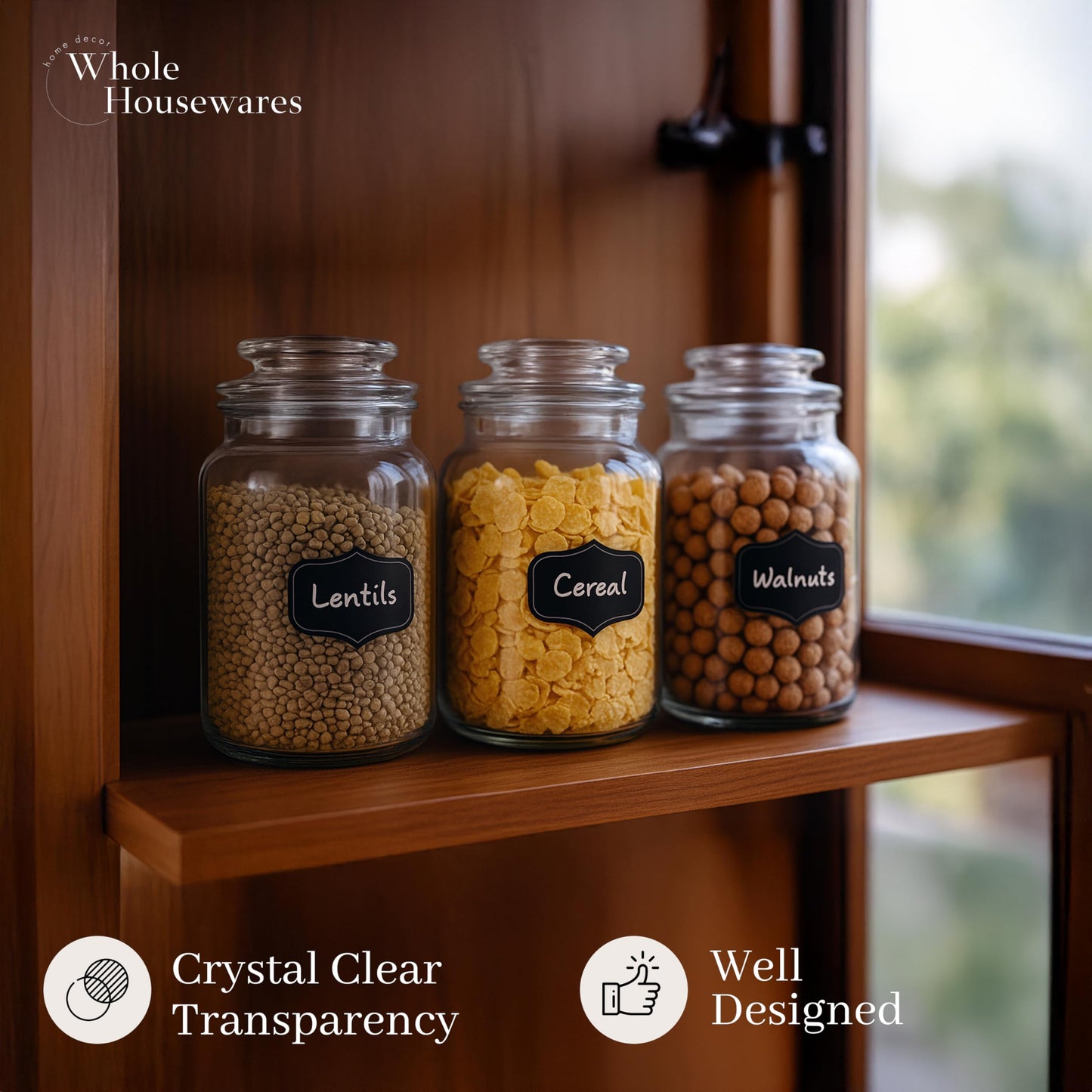 WHOLE HOUSEWARES Glass Canisters with Airtight Lids Set of 3 - Glass Storage Jars for Candy, Cookie, Flour, Sugar, Coffee - Sealed Food Storage…