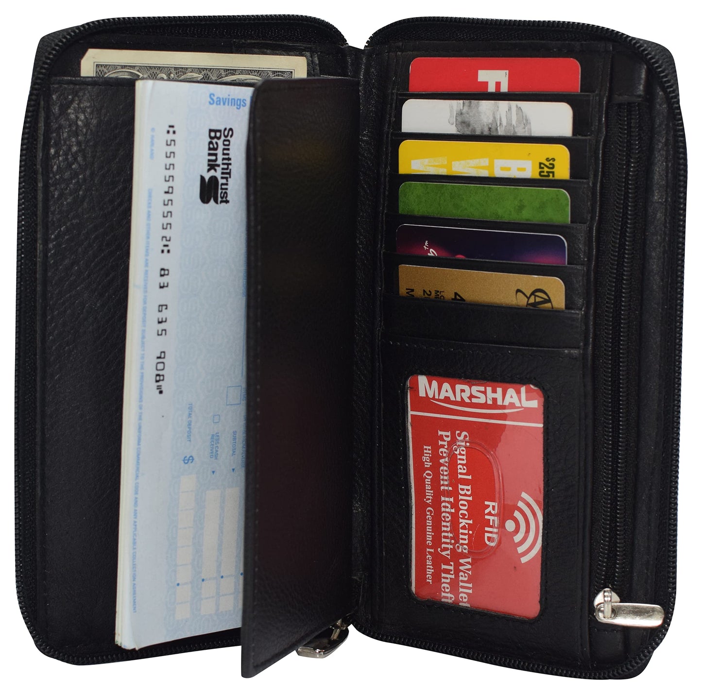 MARSHAL Genuine Leather Checkbook Cover Zippered (RFID Black)