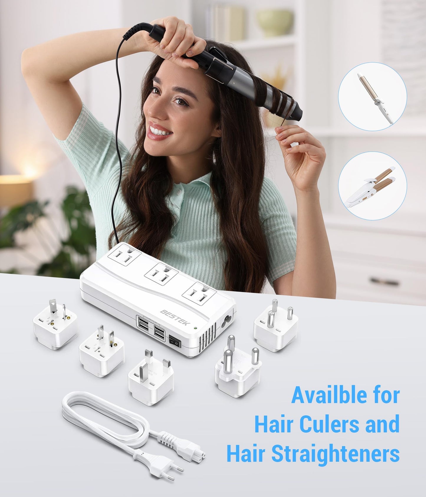 BESTEK 250W International Power Adapter – 220V to 110V Step Down Voltage Converter with 4 USB Ports & US/EU/UK/AU/India/SA Plugs, White