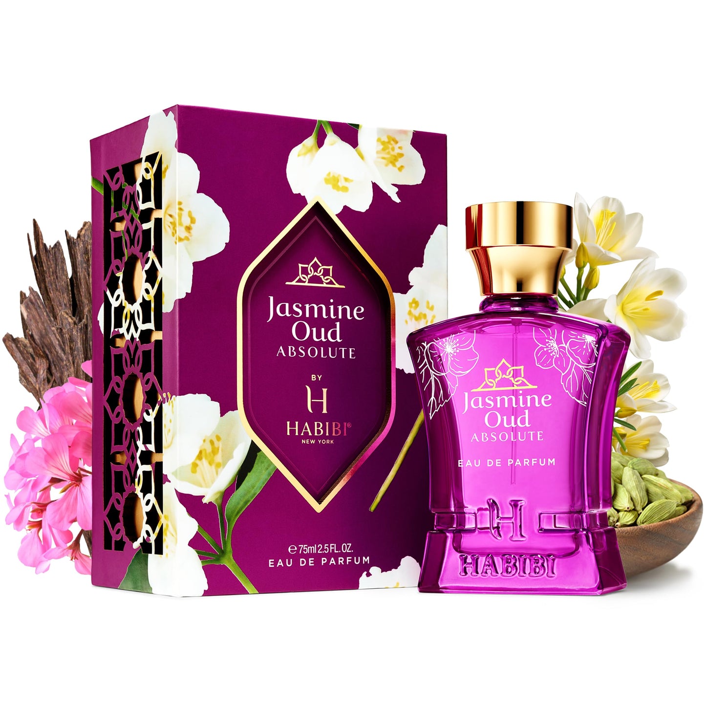 H HABIBI Jasmine Oud Absolute Arabian Perfume for Women - 2.5 oz (75ML) Long Lasting Women's Fragrances, Woody Floral Scent with Leather, Rose & Oud