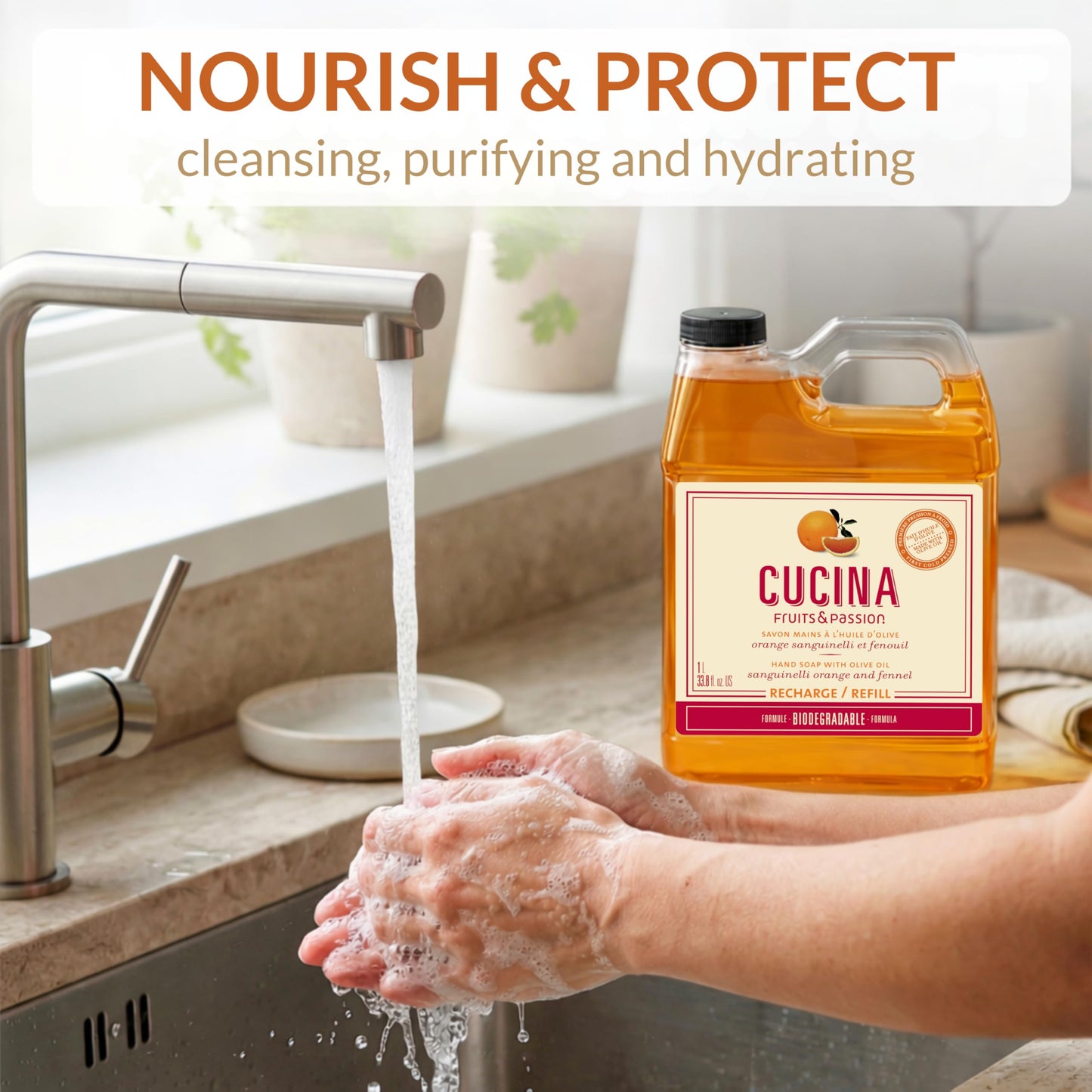 Cucina Fruits & Passion Hand Soap Refill, Orange & Fennel, 1 L (33.8 fl oz), Liquid Hand Soap with Moisturizing Olive Oil, Biodegradable, Vegan