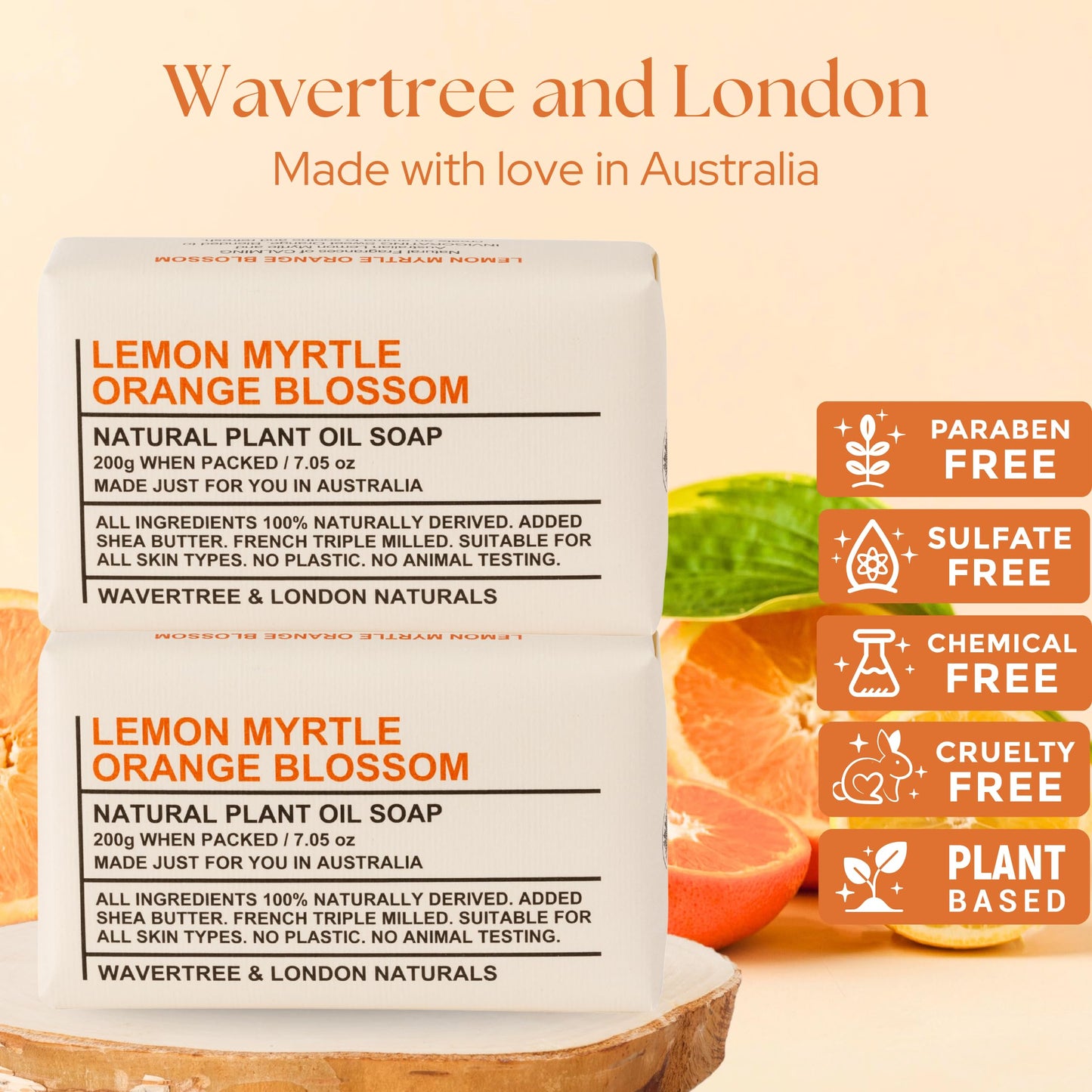 Wavertree & London Lemon Myrtle & Orange Blossom Scented Natural Soap Bars (2 Bars), 7oz Moisturizing French Triple Milled Soap enriched with shea
