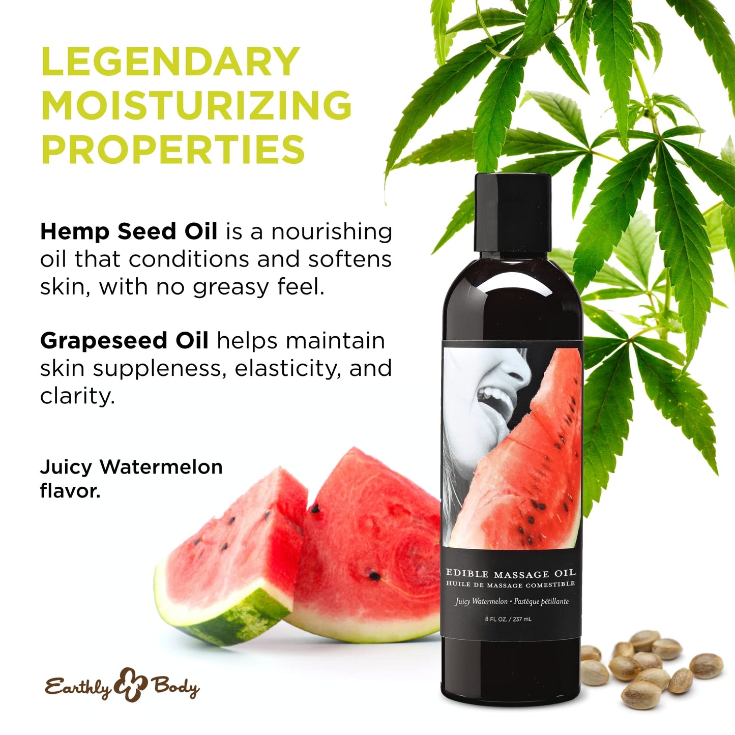 Earthly Body Edible Massage Oil, Watermelon - 8 fl. oz. - Hemp Seed, Almond, Grapeseed, Apricot & Vitamin E Oil - Vegan & Cruelty Free