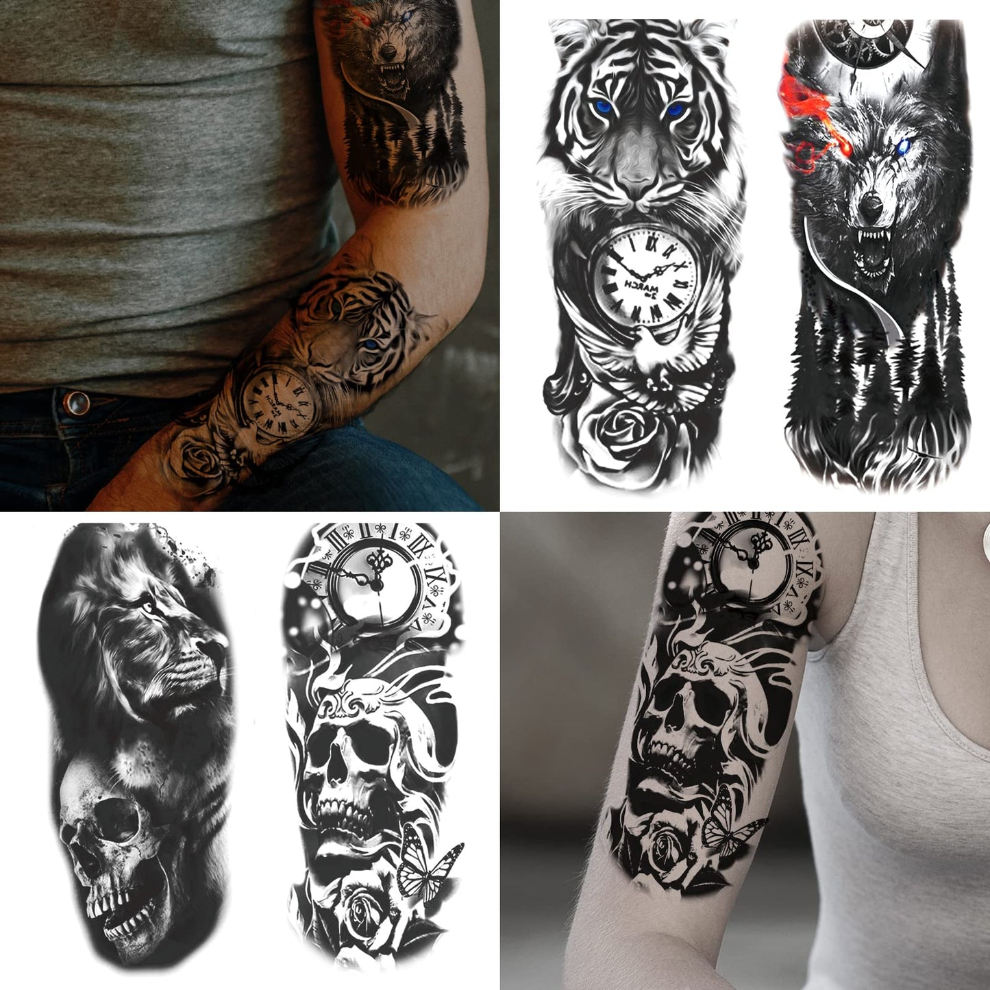 JEEFONNA 82 Sheets Temporary Tattoo for Men Women Adults, Include 12 Sheets Black 3D Half Sleeve Temporary Tattoos, Halloween Tattoos Scary Lion Wolf Beauty and Personal Care JEEFONNA
