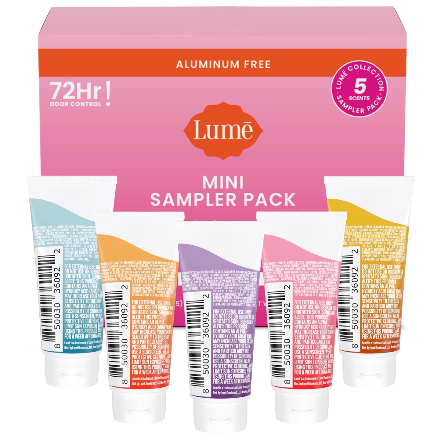 Lume Whole Body Deodorant 5 Pack Sampler - Invisible Cream Minis - 72 Hour Odor Control - Aluminum & Baking Soda Free