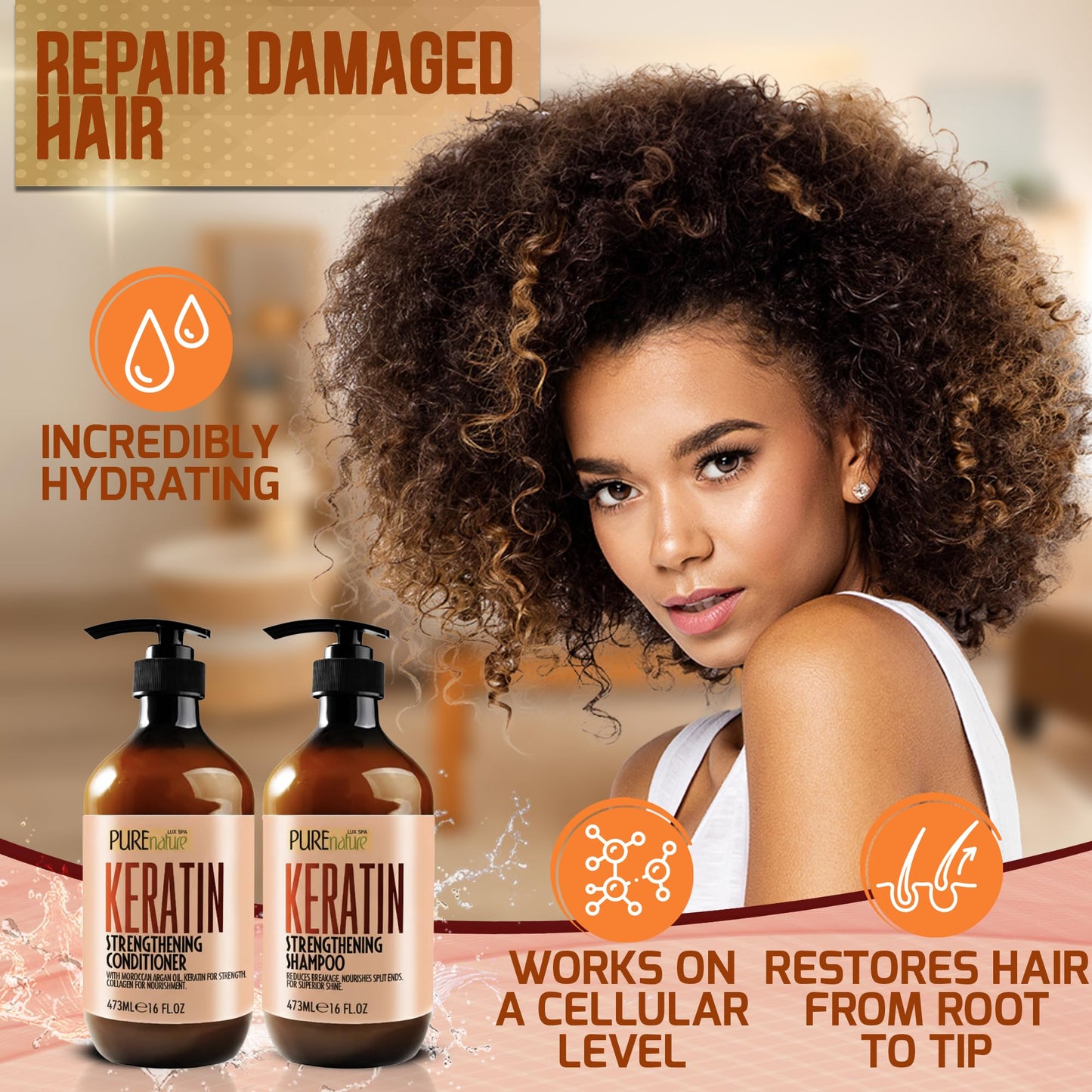 Keratin Shampoo and Conditioner Set - Sulfate and Paraben Free Treatment for Dry Hair - Anti Frizz, Collagen Enriched Formula for Curly or Damaged
