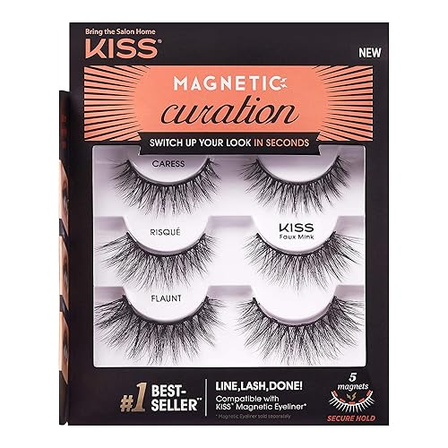 KISS Magnetic Curation False Eyelashes, 3 Pair with 5 Double Strength Magnets, Wind Resistant, Dermatologist Tested, Last Up To 16 Hours, Reusable Up…