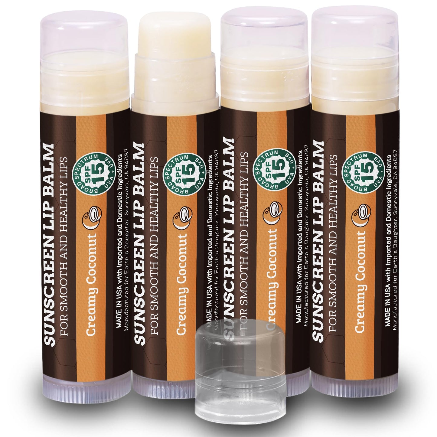 Earth's Daughter SPF Coconut Lip Balm 4-Pack Stocking Stuffers - Lip Sunscreen, SPF 15, Organic Ingredients, Beeswax, Coconut Oil, Vitamin E