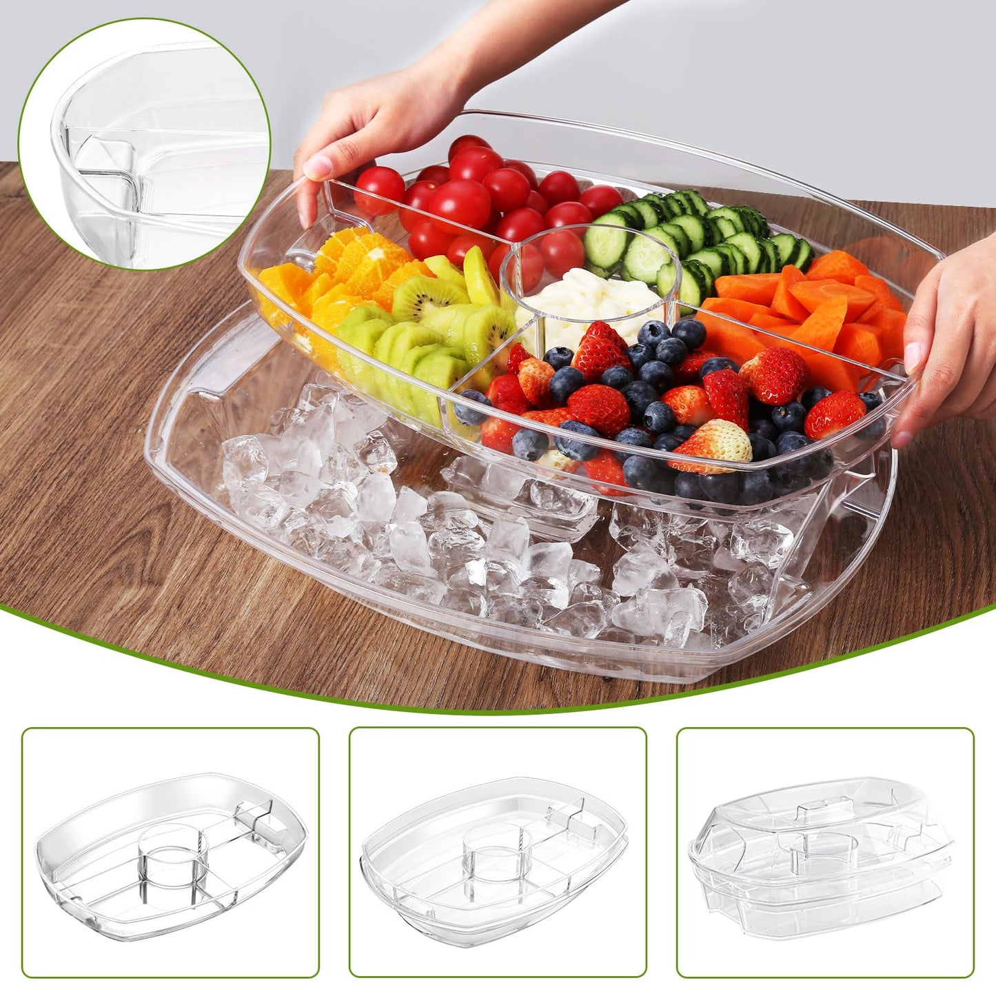 IVYHOME 3-Tier Chilled Serving Tray with Lid, 15" Fruit Ice Serving Platter with 4 Compartments, Shrimp Cocktail Serving Dish, Divided Serving Bowl…