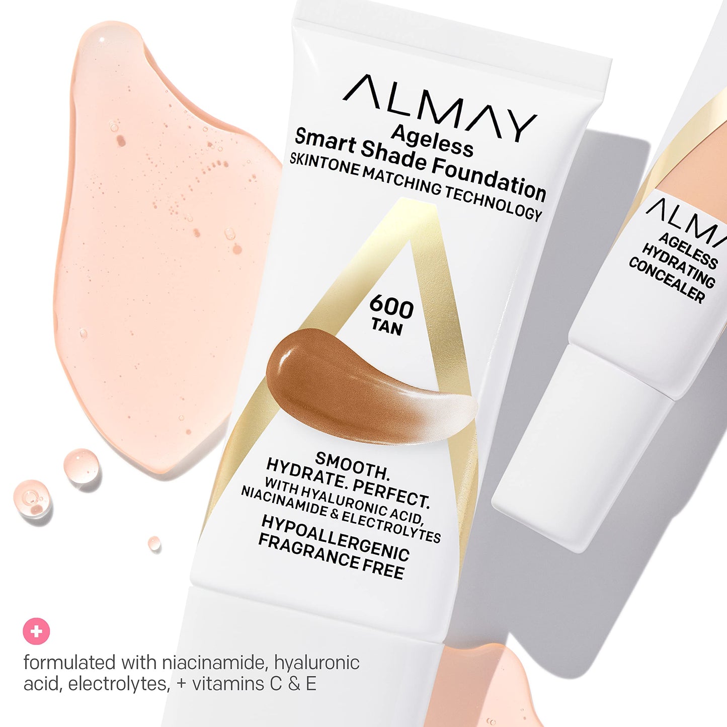 Almay Anti-Aging Foundation, Smart Shade Face Makeup with Hyaluronic Acid, Niacinamide, Vitamin C & E, Hypoallergenic-Fragrance Free, 200 Light