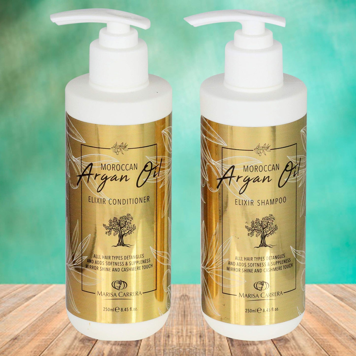 Marisa Carrera Moroccan Argan Oil Elixir Shampoo & Conditioner. Volumizing & Moisturizing, Gentle on Curly & Color Treated Hair, for Men & Women.250