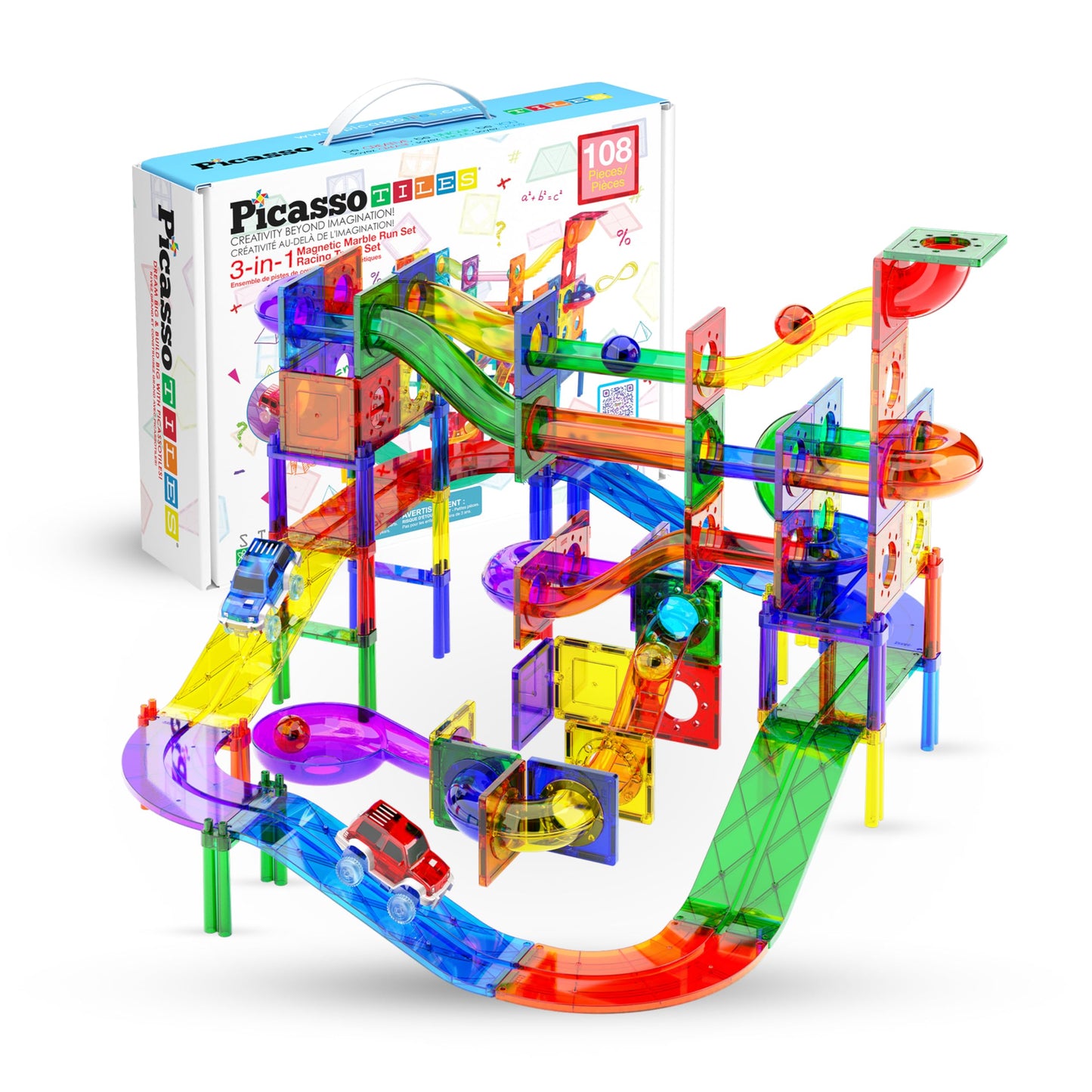 PicassoTiles 108pc 3-in-1 Marble Run & Car Track – Magnetic Tiles Building Blocks STEM Educational Construction Toy Set PTG108