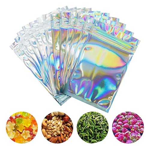 100 Pieces Smell Proof Bags - 3x5 Inches Resealable Mylar Bags Clear Zip Lock Food Candy Storage Bags Holographic Rainbow Color