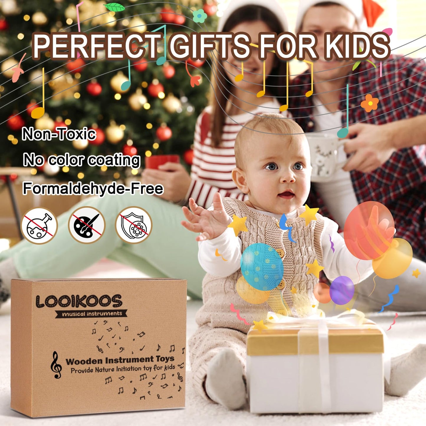 LOOIKOOS Toddler Musical Instruments – Montessori Wooden Percussion Set with Storage Bag, Educational Music Toys for Kids, Boys & Girls