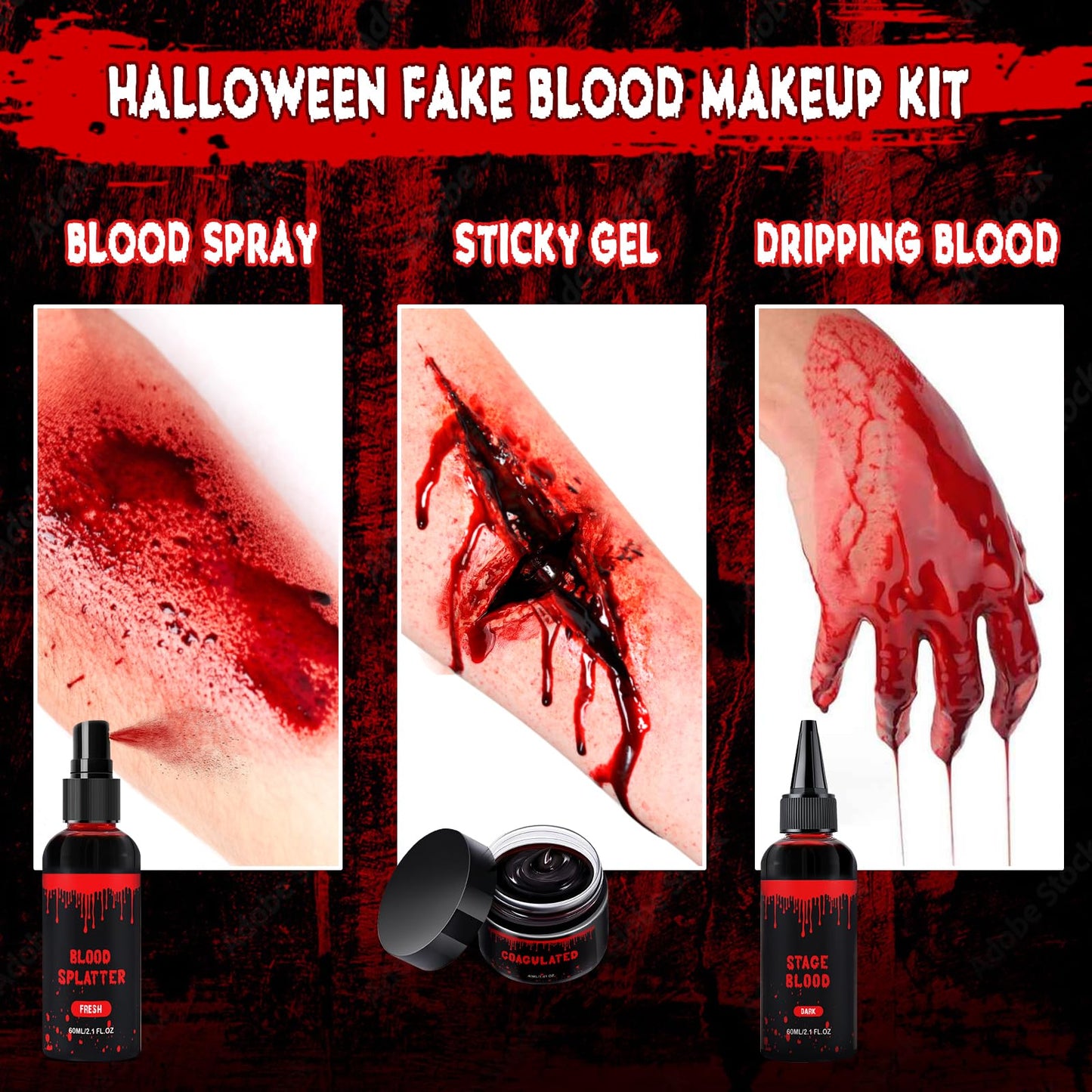 Halloween Fake Blood Makeup Kit, Blood Spray 2.1oz + Dripping 2.1oz + Coagulated 1.41oz(3PCS), Washable Realistic SFX Makeup for Cosplay, Clothes
