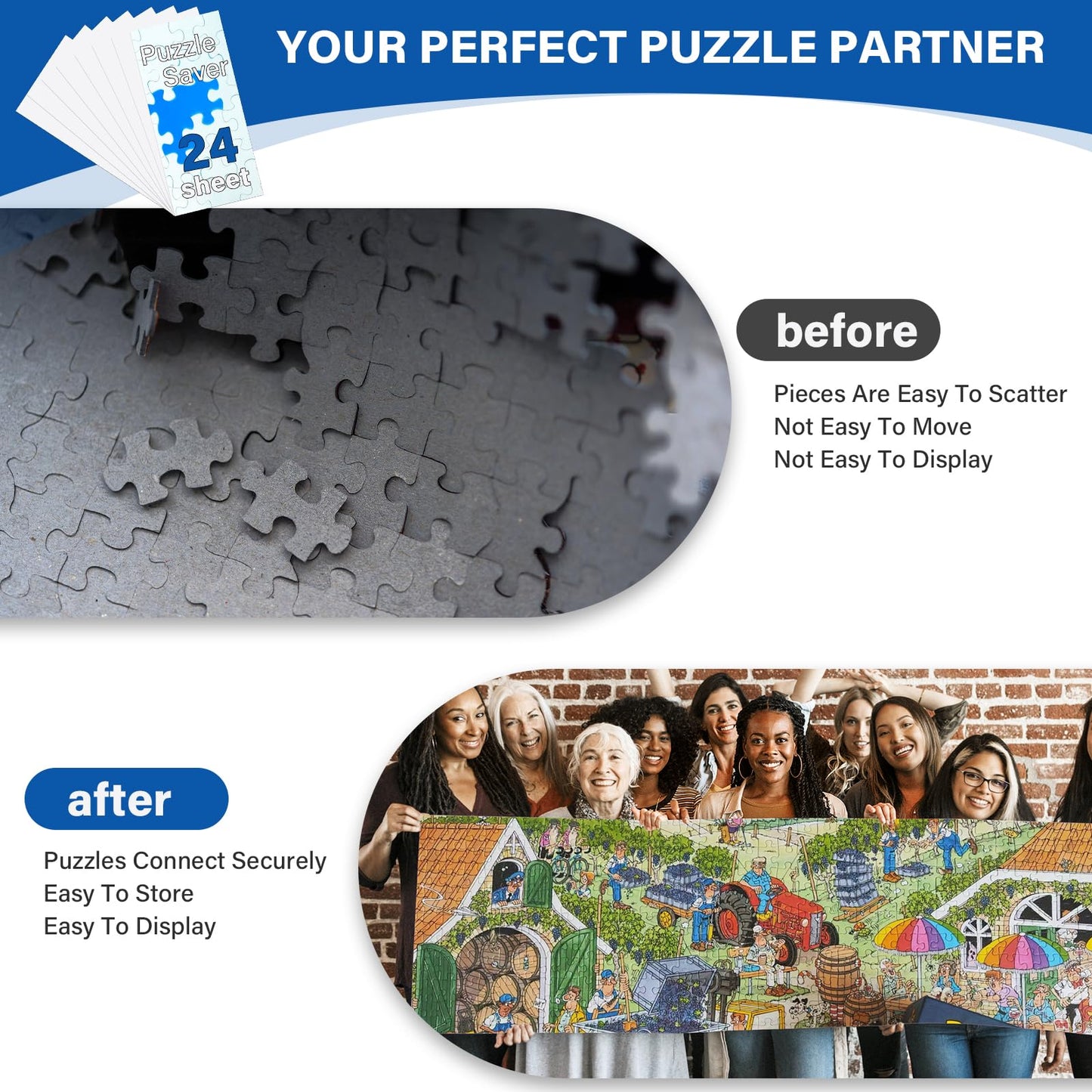 Puzzle Glue Sheets – 24 Pack Peel & Stick Saver Sheets for 1000 Piece Jigsaw Puzzles, No-Clean Puzzle Stickers, Gift for Puzzle Lovers