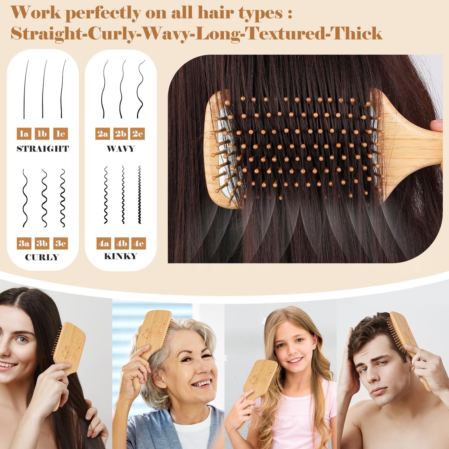 Hair Brush-Natural Wooden Bamboo Brush and Detangle Tail Comb, Paddle Hairbrush for Women Men and Kids Make Thin Long Curly Hair Health and Massage