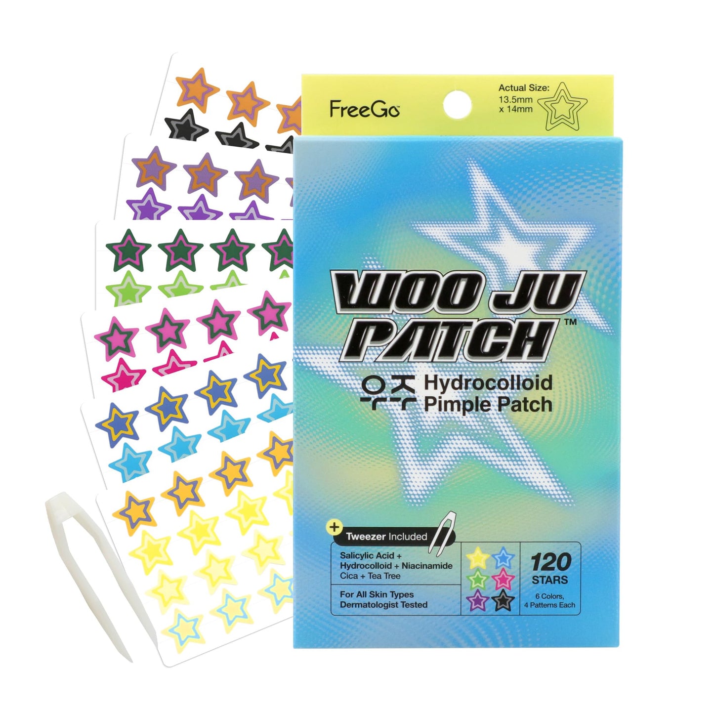 FreeGo WOO JU (??) Hydrocolloid Pimple Patch 120 Counts | Cute Colorful Star Shape | Salicylic Acid, Niacinamide, CICA, Tea Tree | Made in Korea