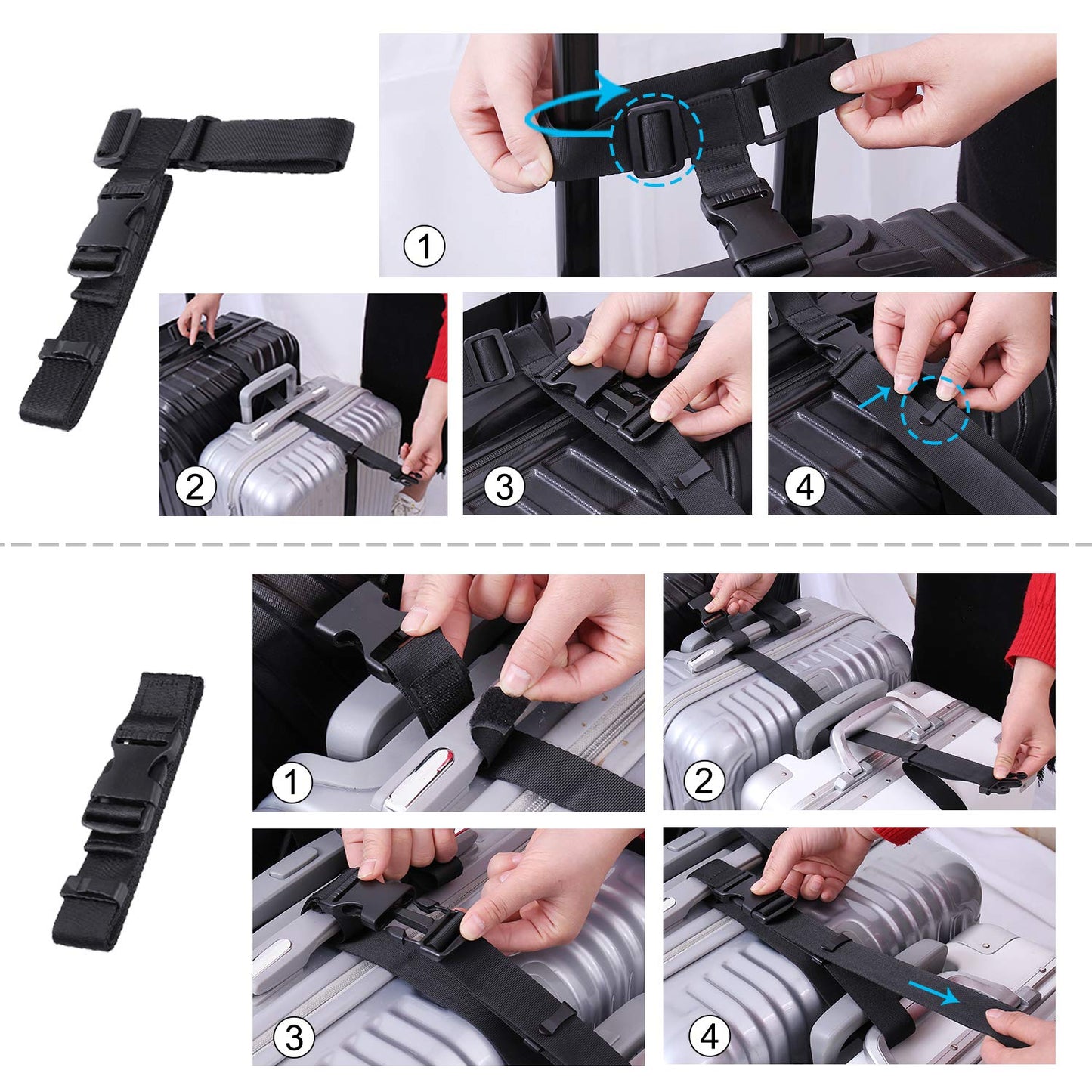 Vigorport Luggage Connector Straps 2-Pack – Adjustable Add-A-Bag Travel Accessories to Connect 3 Suitcases, Black, Extended Size