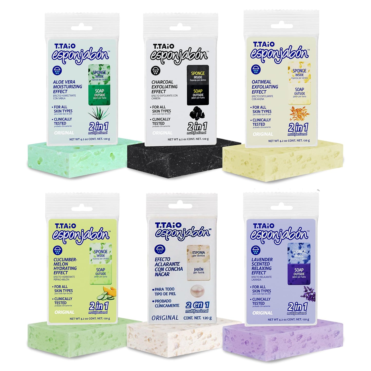 T.Taio Esponjabon Soap Sponge Variety Pack - Shower Scrubber & Bath Wash Scrub - Massage Face - Bathroom Accessories - Mother of Pearl, Aloe Vera